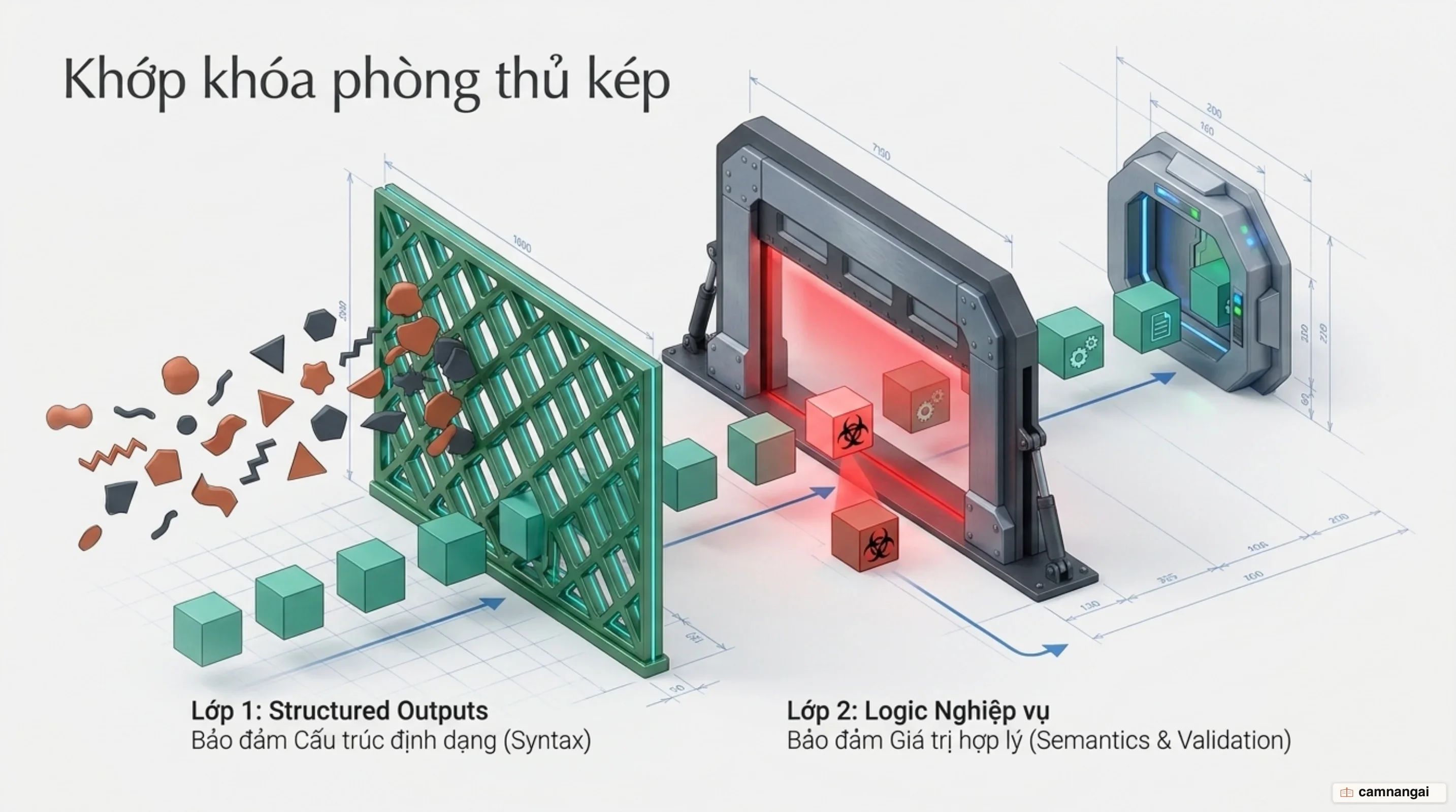 Hai lớp phòng thủ: structured outputs bảo đảm cấu trúc, lớp kiểm tra nghiệp vụ bảo đảm giá trị hợp lý