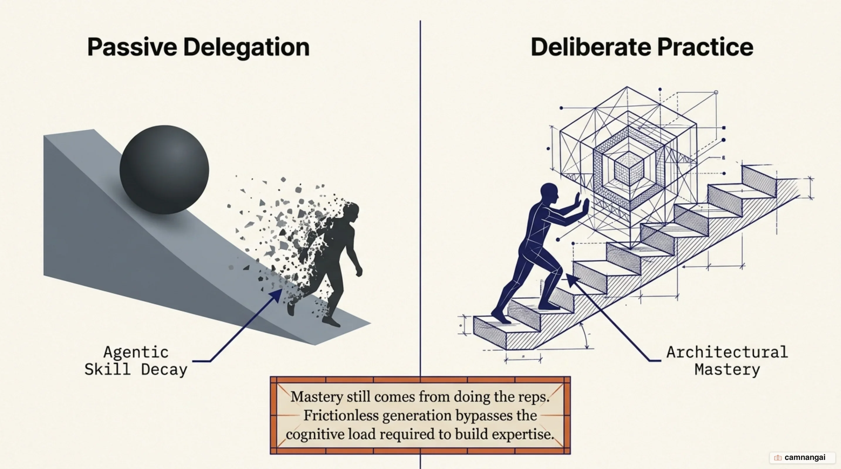 A developer delegating execution to AI facing skill atrophy versus active deliberate practice building lasting mastery