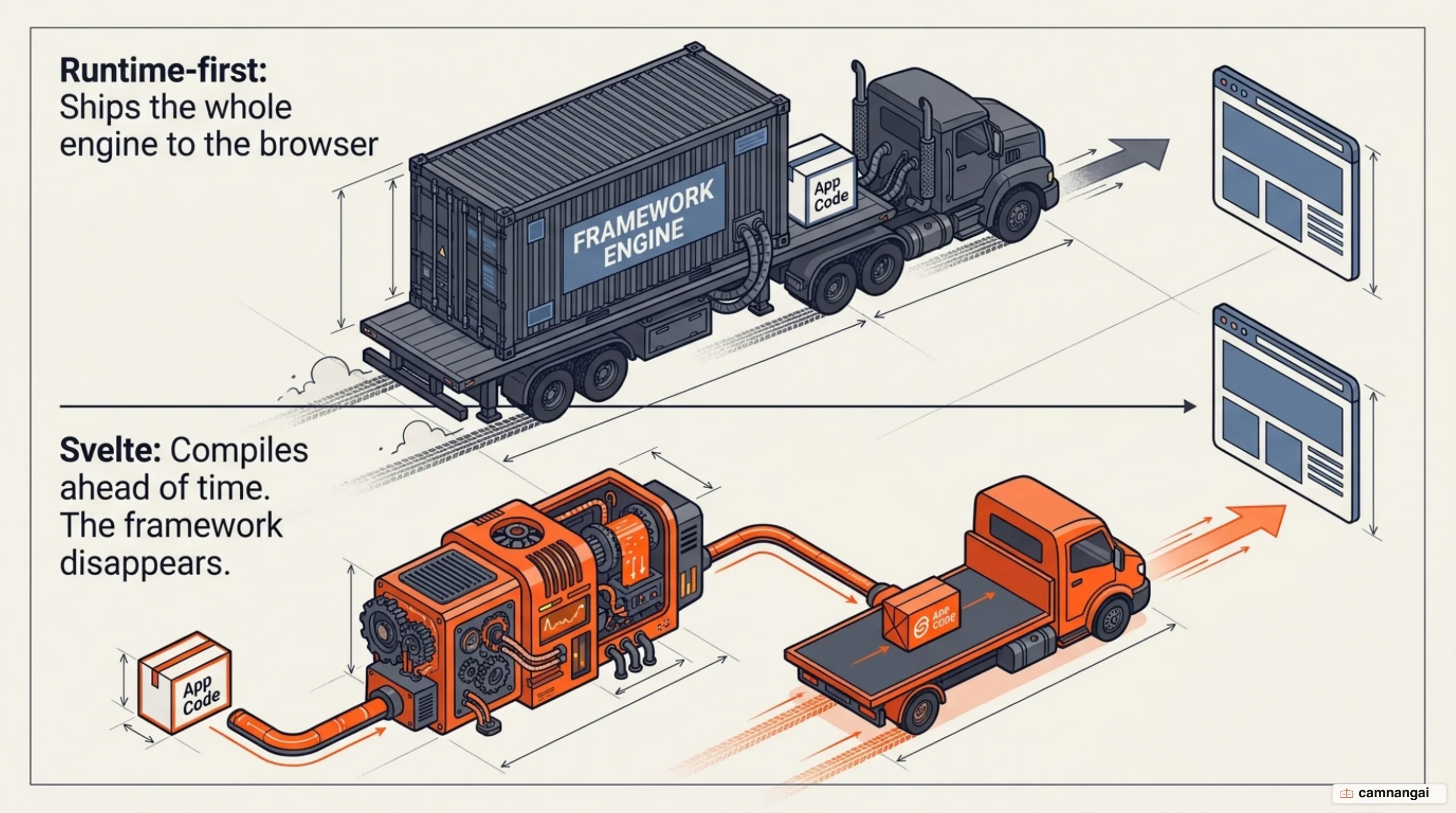 Two delivery paths compared: a runtime-first framework ships its engine to the browser while Svelte compiles ahead of time so the framework all but disappears from the bundle