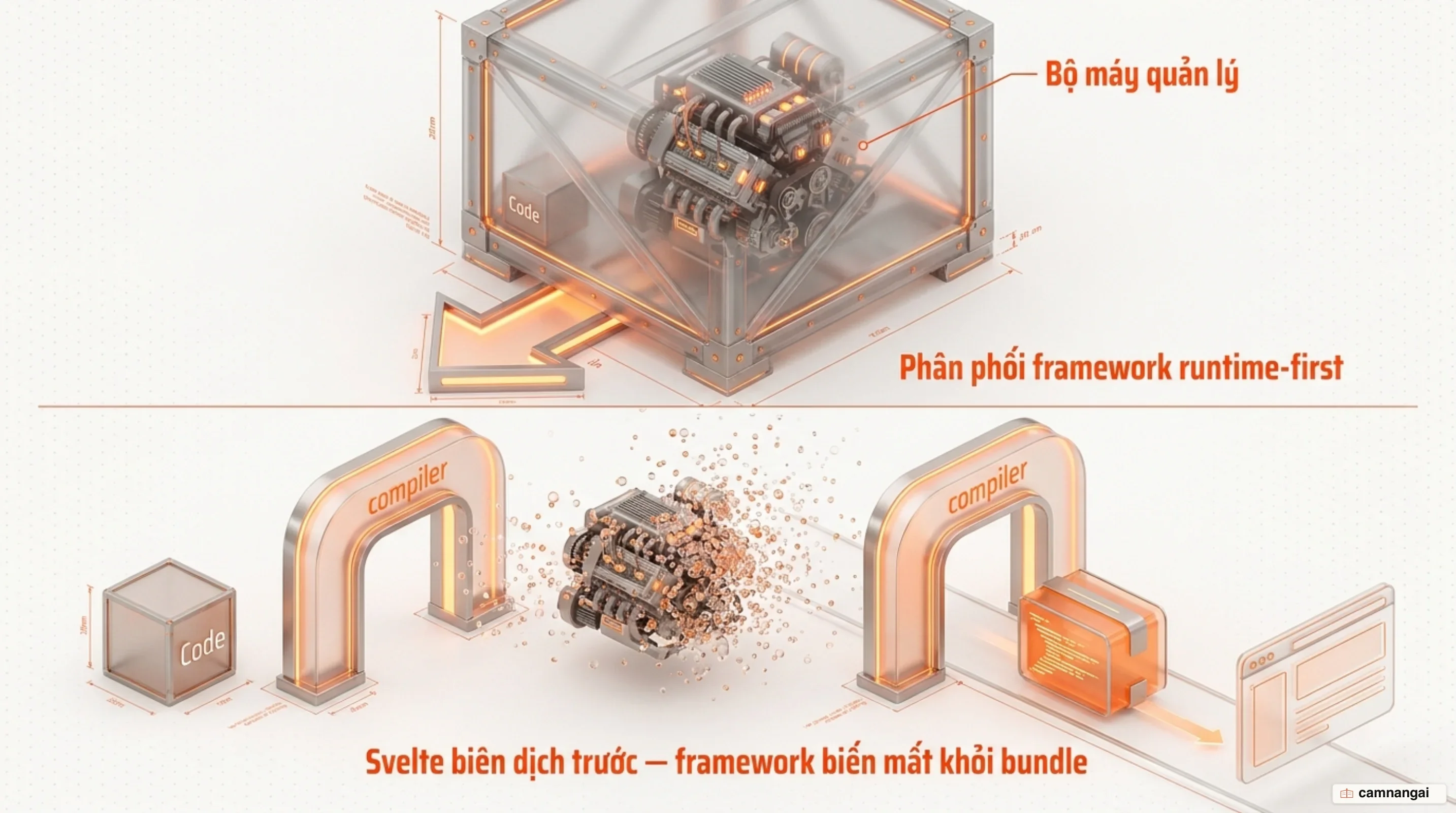 So sánh hai cách phân phối mã: framework runtime-first gửi cả bộ máy xuống trình duyệt, còn Svelte biên dịch trước nên framework gần như biến mất khỏi bundle