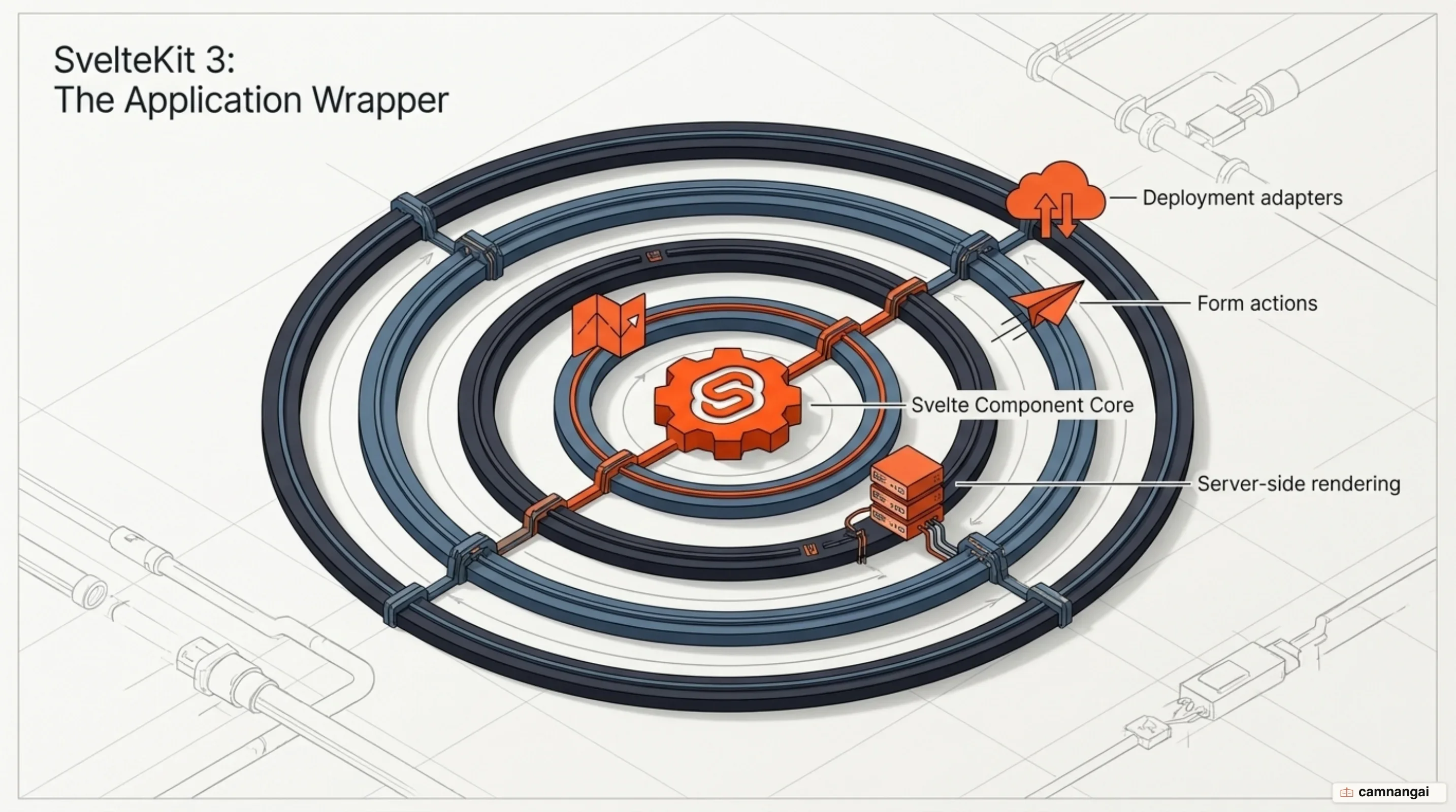 SvelteKit wrapping the Svelte component core and adding file-based routing, server-side rendering, form actions and deployment adapters