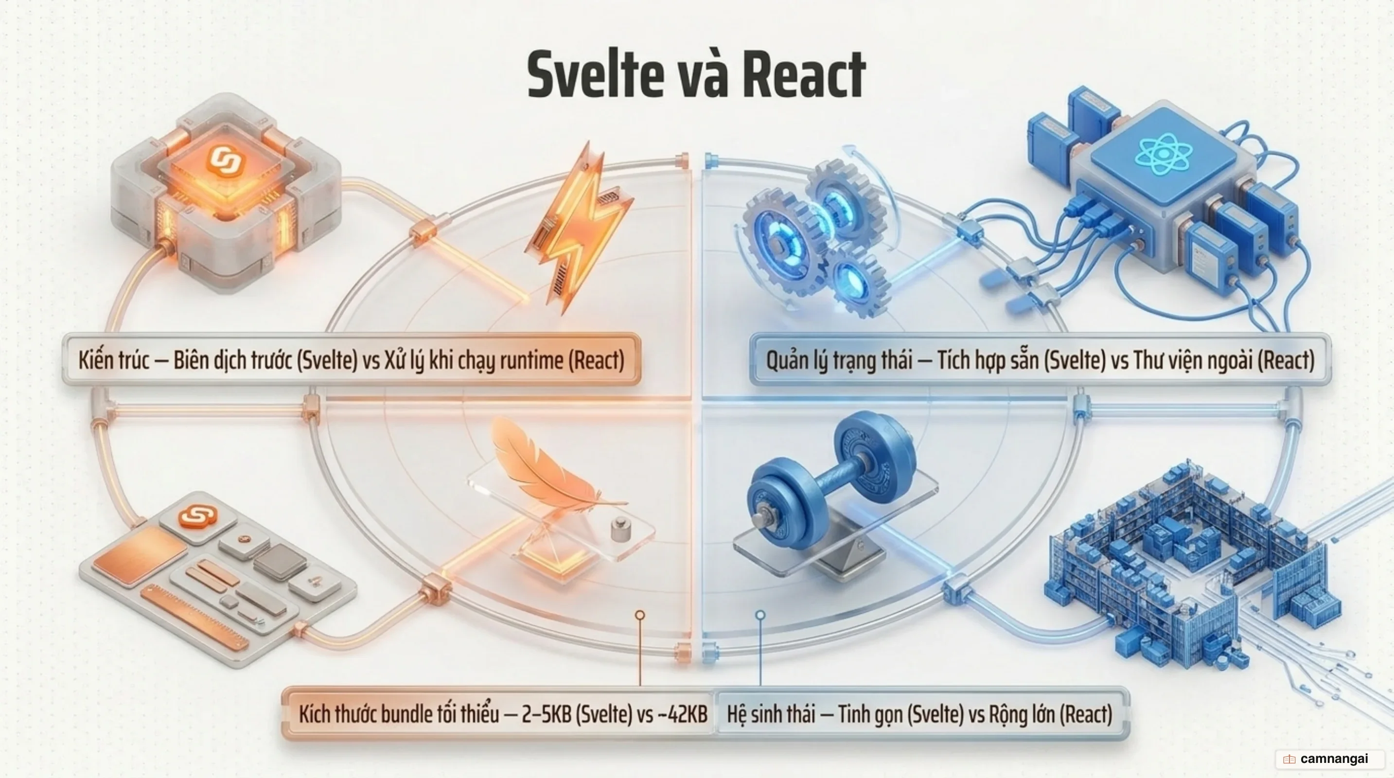 Svelte và React đặt cạnh nhau trên bốn trục: kiến trúc, kích thước bundle, cách quản lý trạng thái và hệ sinh thái