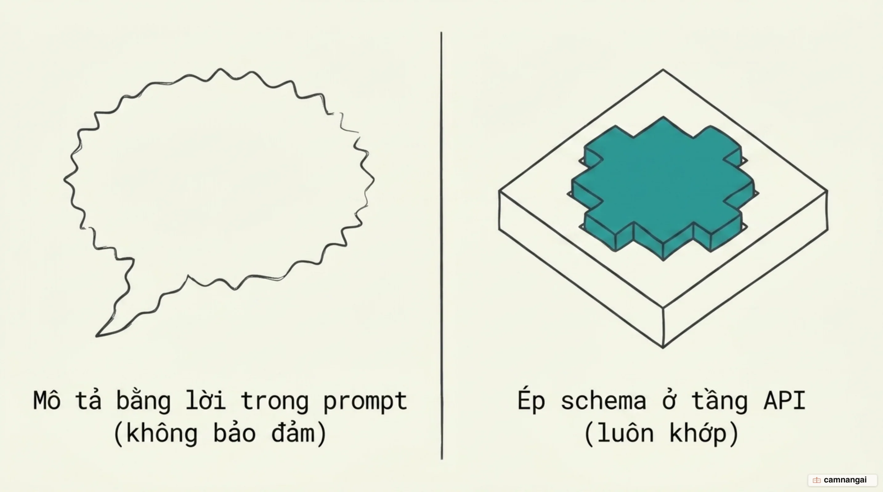 Sơ đồ so sánh hai cách ép định dạng đầu ra: mô tả bằng lời trong prompt không có bảo đảm, so với ép schema ở tầng API luôn khớp cấu trúc