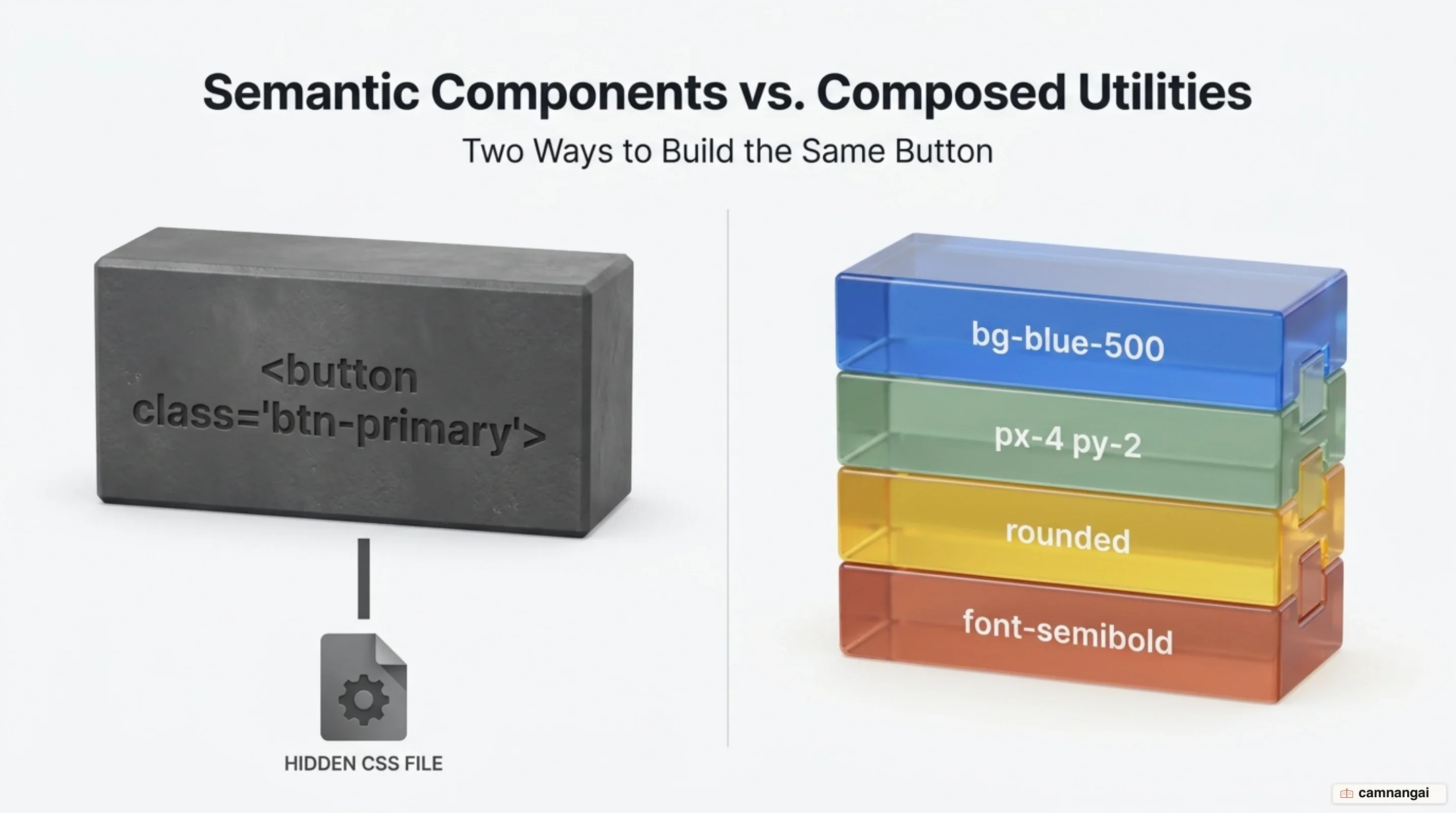 The same button built two ways: a single .btn-primary component class versus the composed utility stack bg-blue-500 px-4 py-2 rounded font-semibold