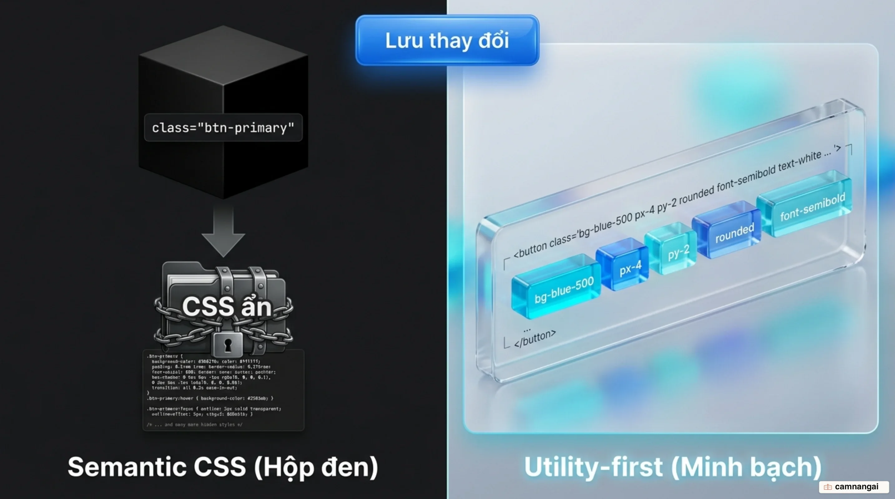 So sánh hai cách tạo cùng một nút bấm: một class component .btn-primary so với chuỗi utility class bg-blue-500 px-4 py-2 rounded font-semibold