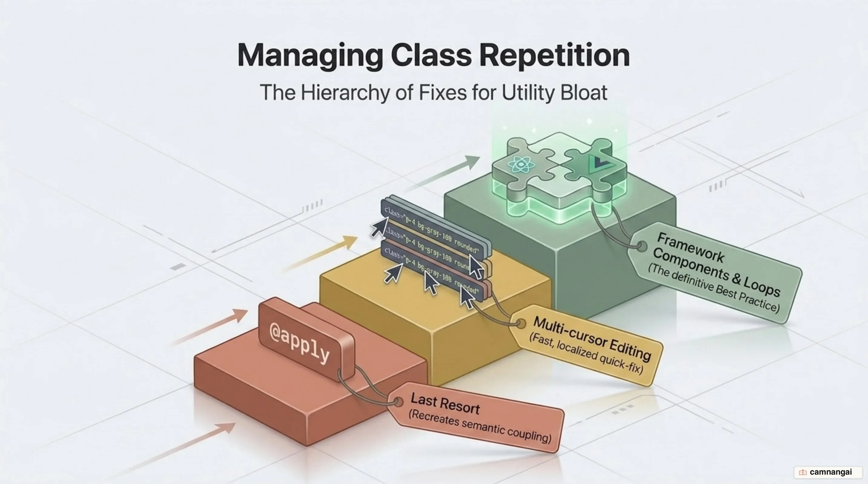 The ladder of fixes for repeated class lists: loops and components first, multi-cursor editing next, @apply as the last resort