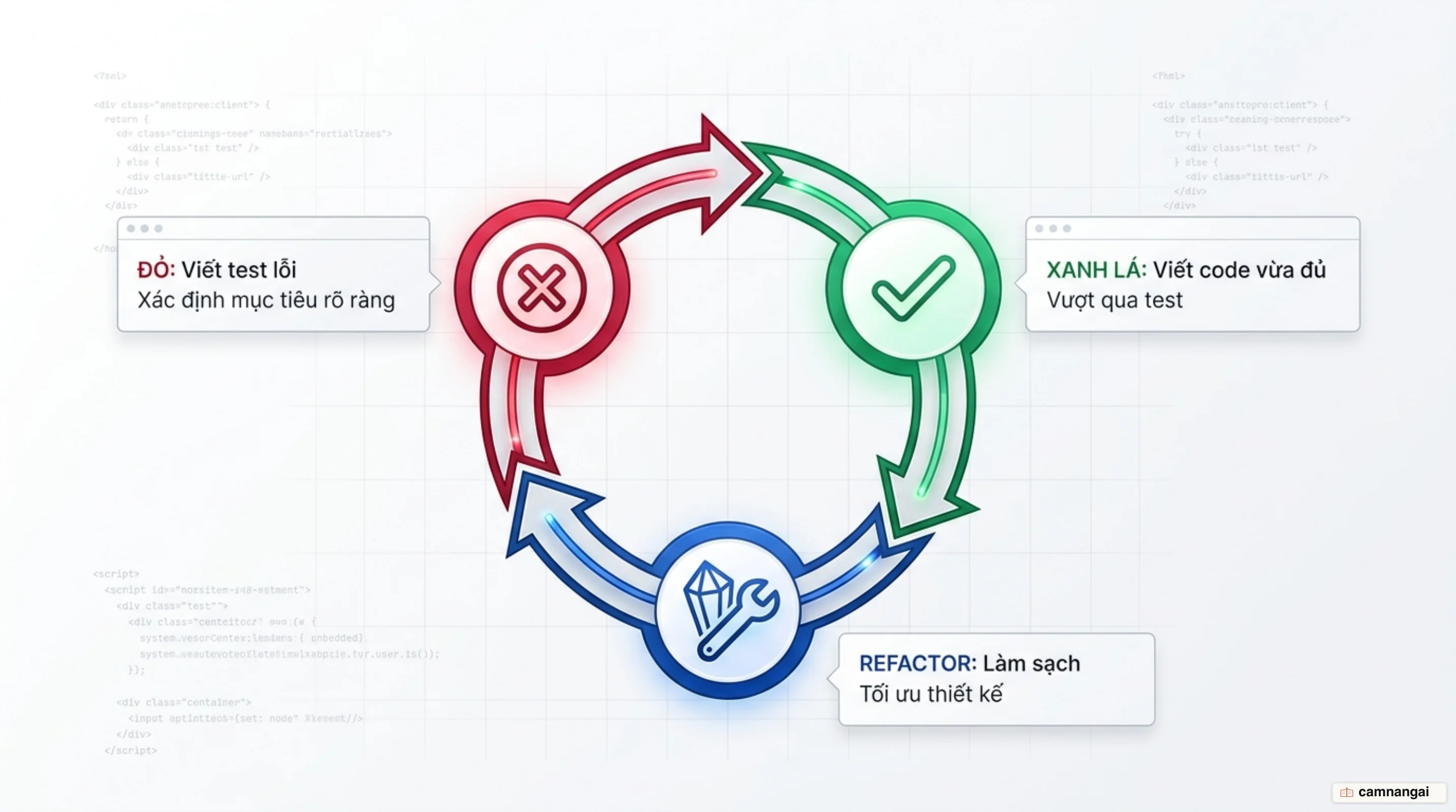 Sơ đồ vòng lặp Red-Green-Refactor: viết test lỗi, viết code vừa đủ để test xanh, rồi refactor.