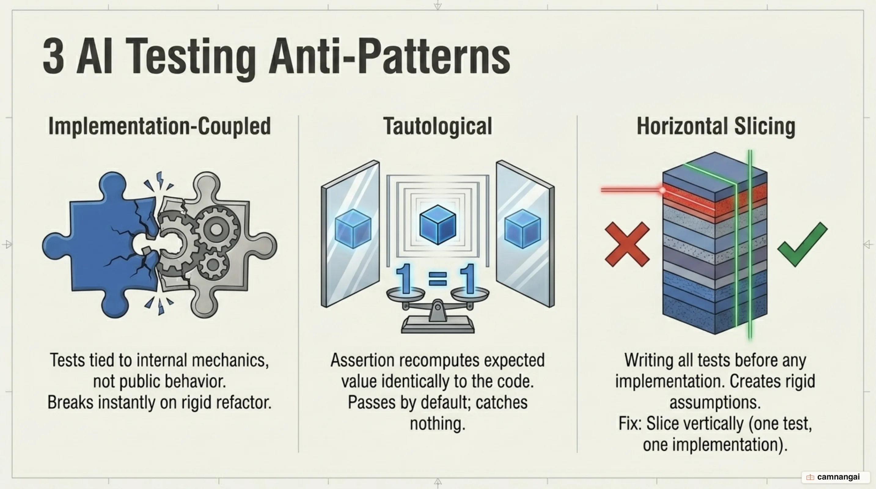 Three common mistakes when AI writes tests: implementation-coupled tests, tautological tests, and horizontal versus vertical slicing.