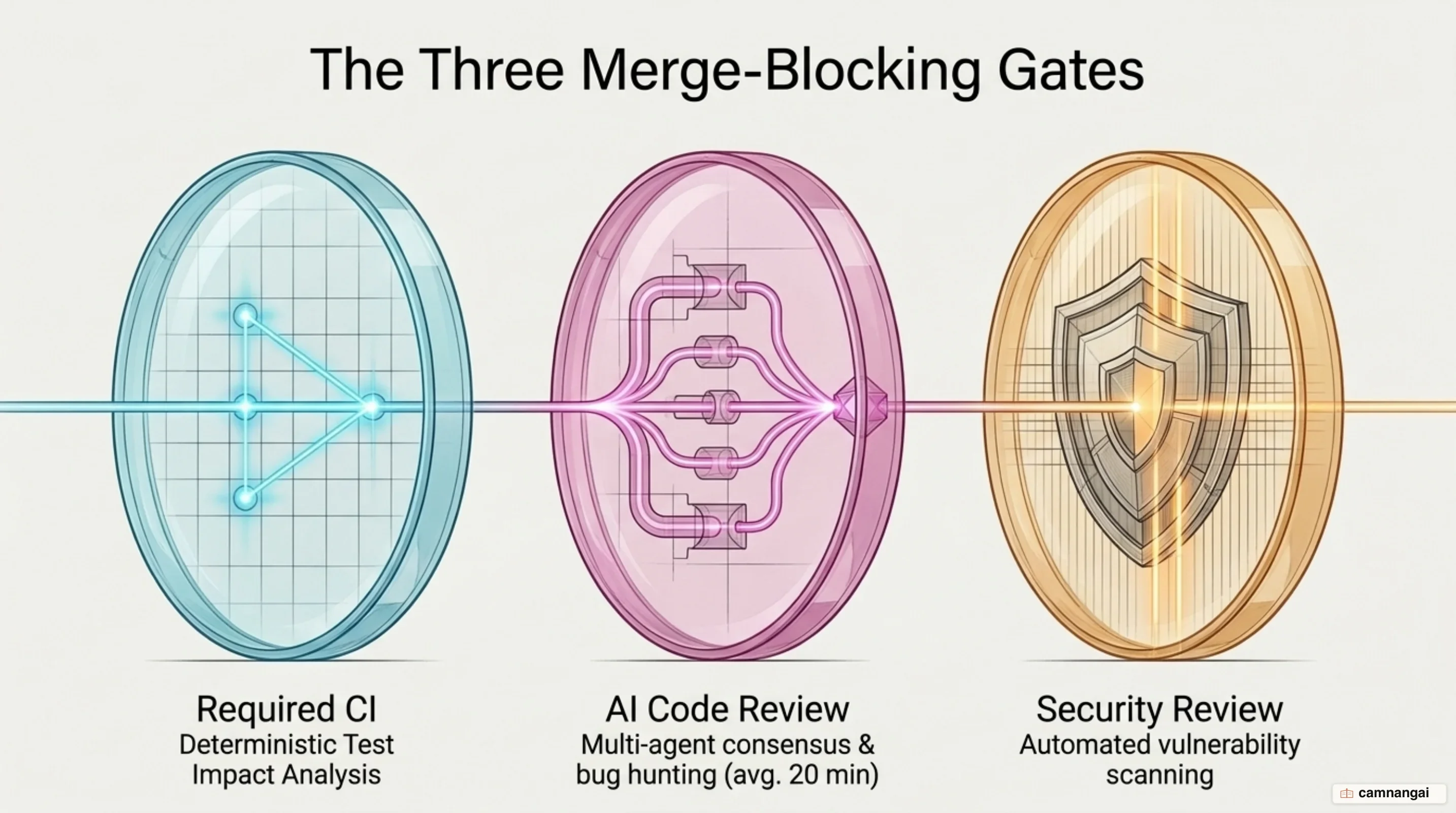 Three automated merge-blocking gates on every pull request: CI, AI Code Review, and Security Review