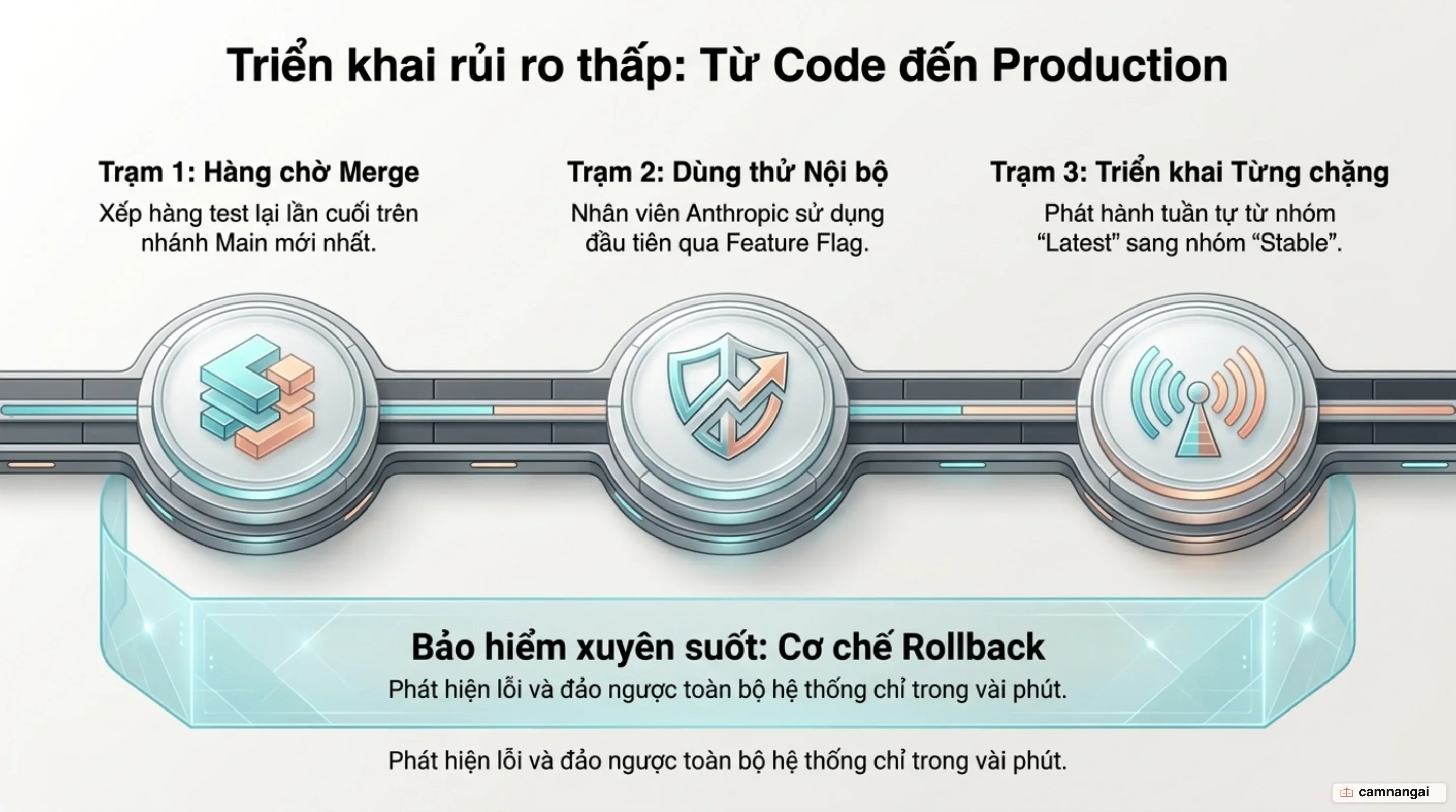 Lộ trình triển khai sau merge: Merge queue, dùng thử nội bộ qua feature flag, phát hành từng chặng và khôi phục nhanh