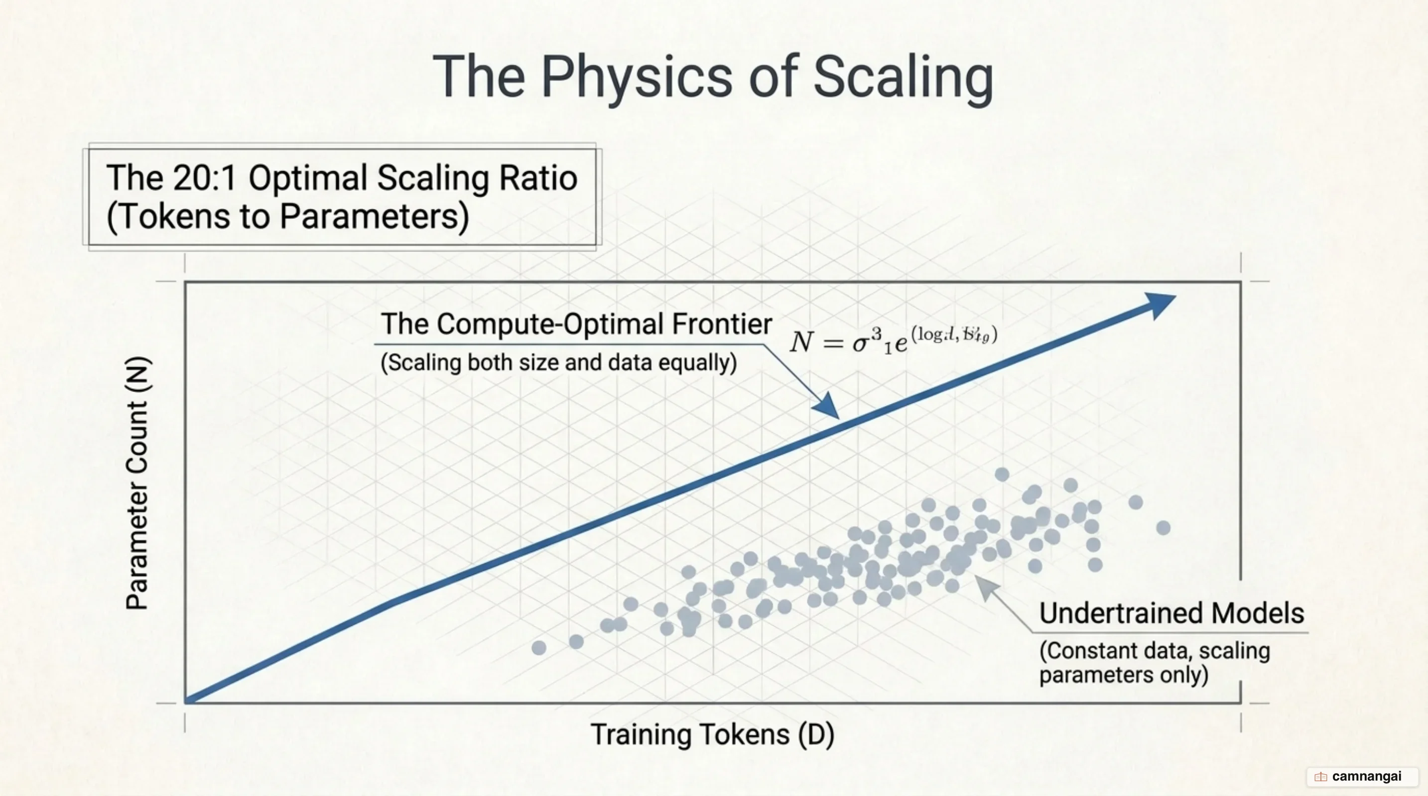 Chinchilla scaling curve demonstrating compute-optimal frontier balancing parameter count against training token volume