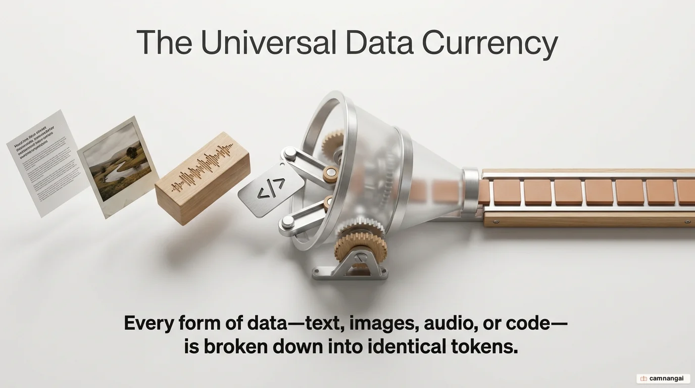 Text, images, audio, and source code all broken into the same kind of tokens for the model to process