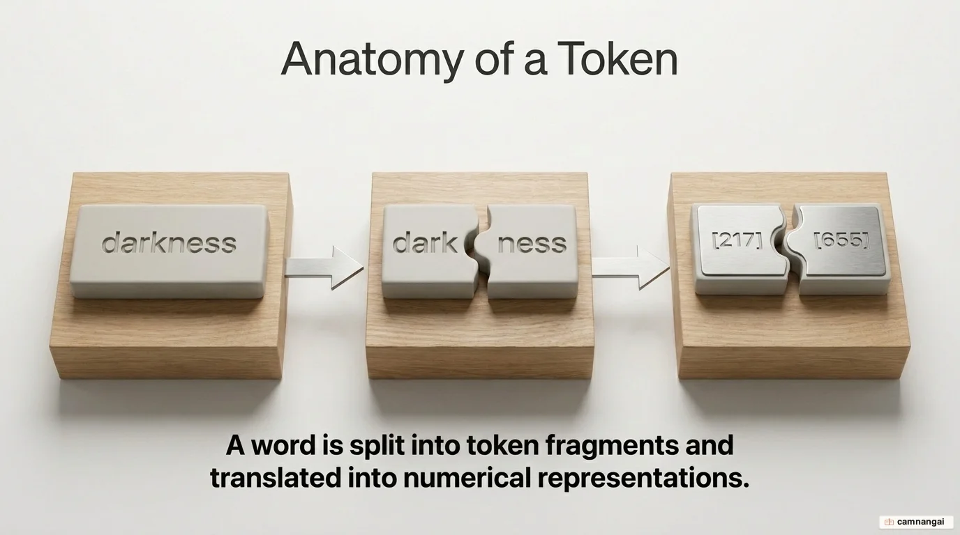 A word split into token fragments and then turned into numbers — for example, darkness splitting into dark and ness