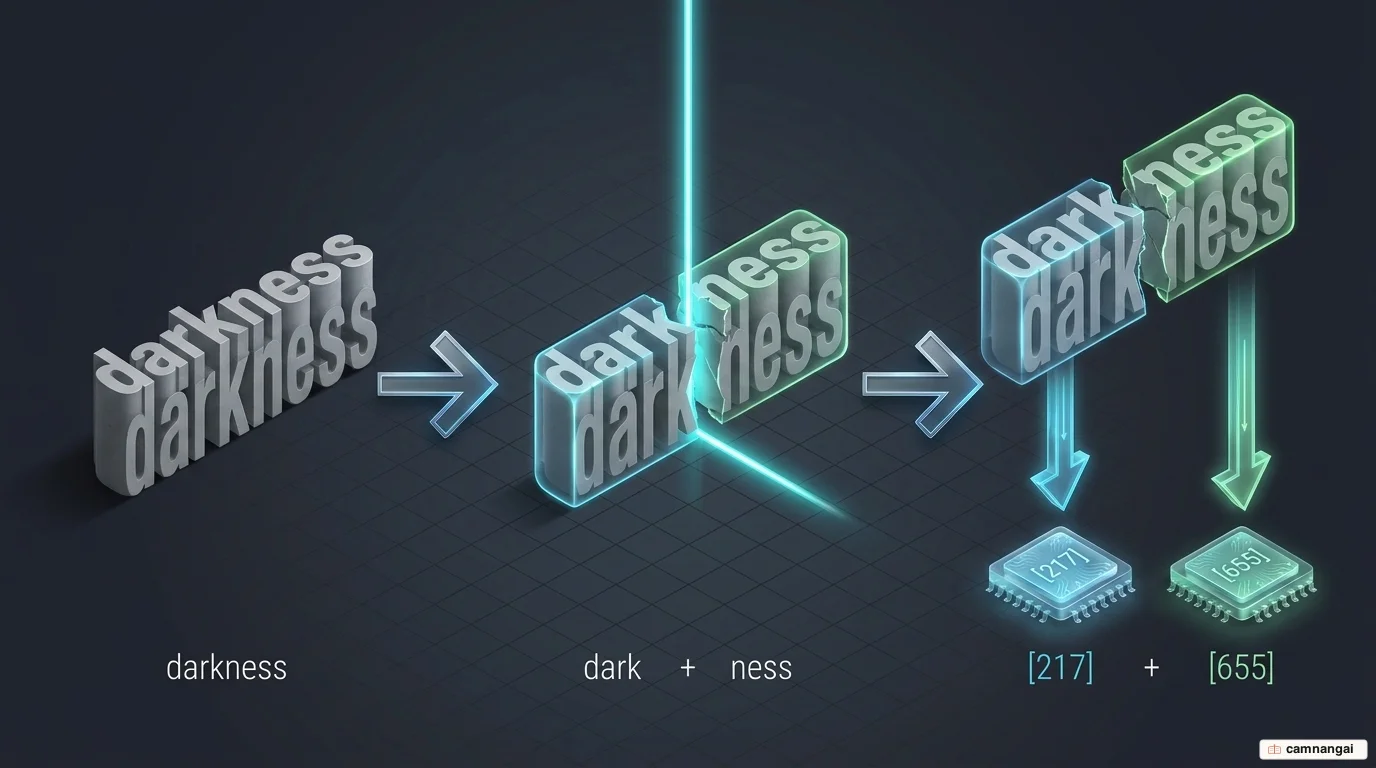 Quá trình tách một từ thành các mảnh token rồi chuyển thành dãy số, ví dụ darkness tách thành dark và ness