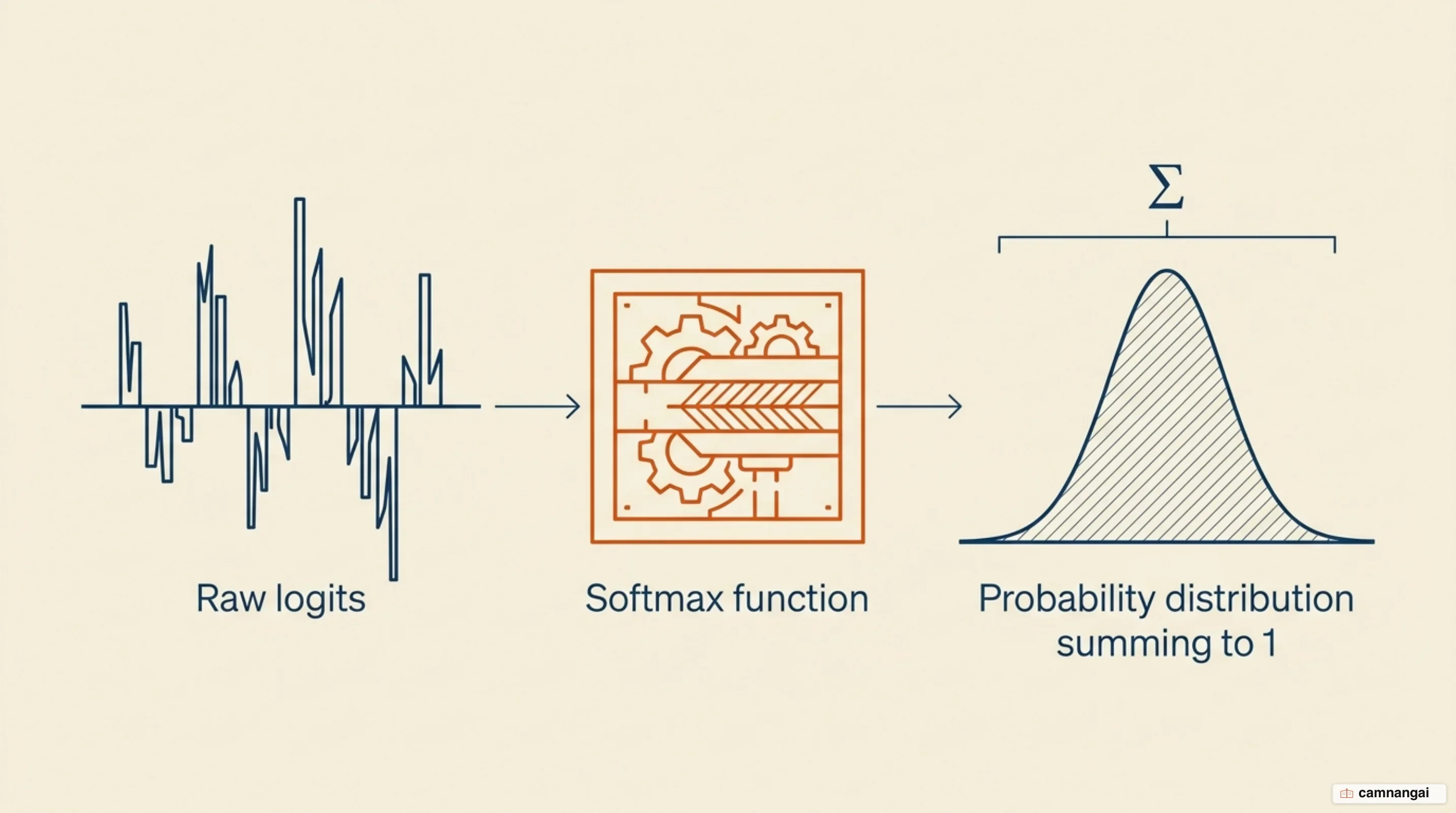 Raw logits passing through Softmax to become a probability distribution summing to 1