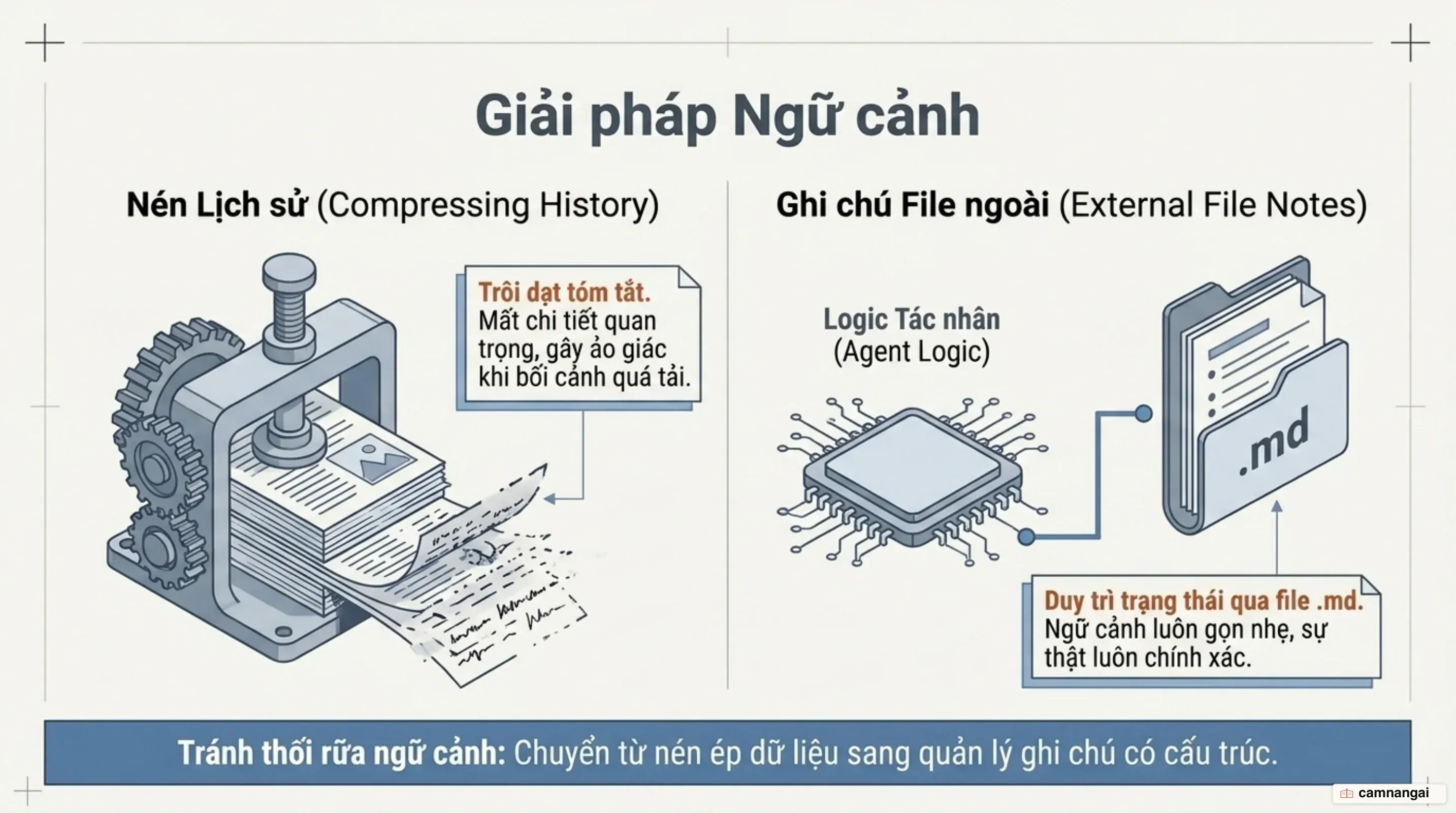 So sánh nén lịch sử gây mất chi tiết với ghi chú ra file ngoài giữ ngữ cảnh gọn nhẹ