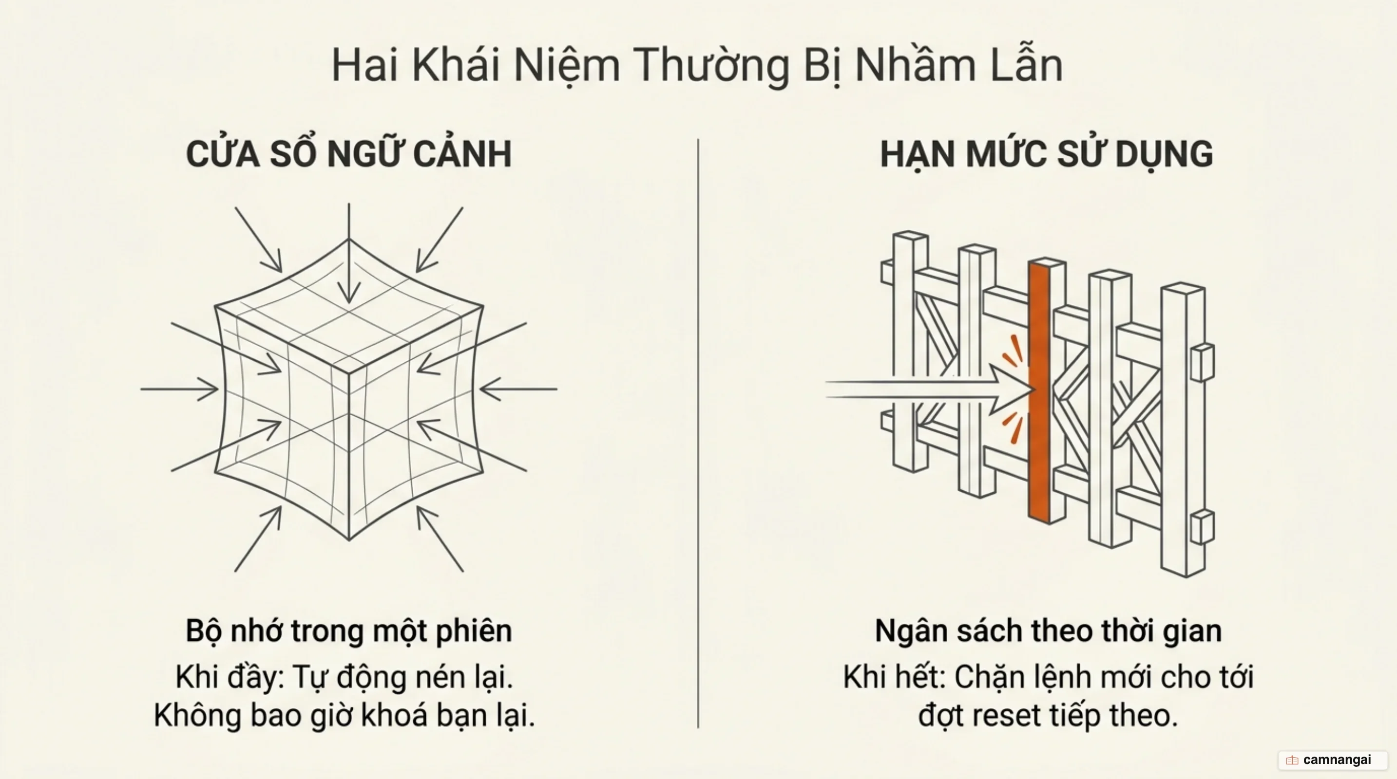 So sánh cửa sổ ngữ cảnh và hạn mức sử dụng: cửa sổ ngữ cảnh là bộ nhớ trong một phiên, đầy thì Claude tự nén; hạn mức sử dụng là ngân sách theo thời gian, hết thì bạn bị chặn cho tới lần reset