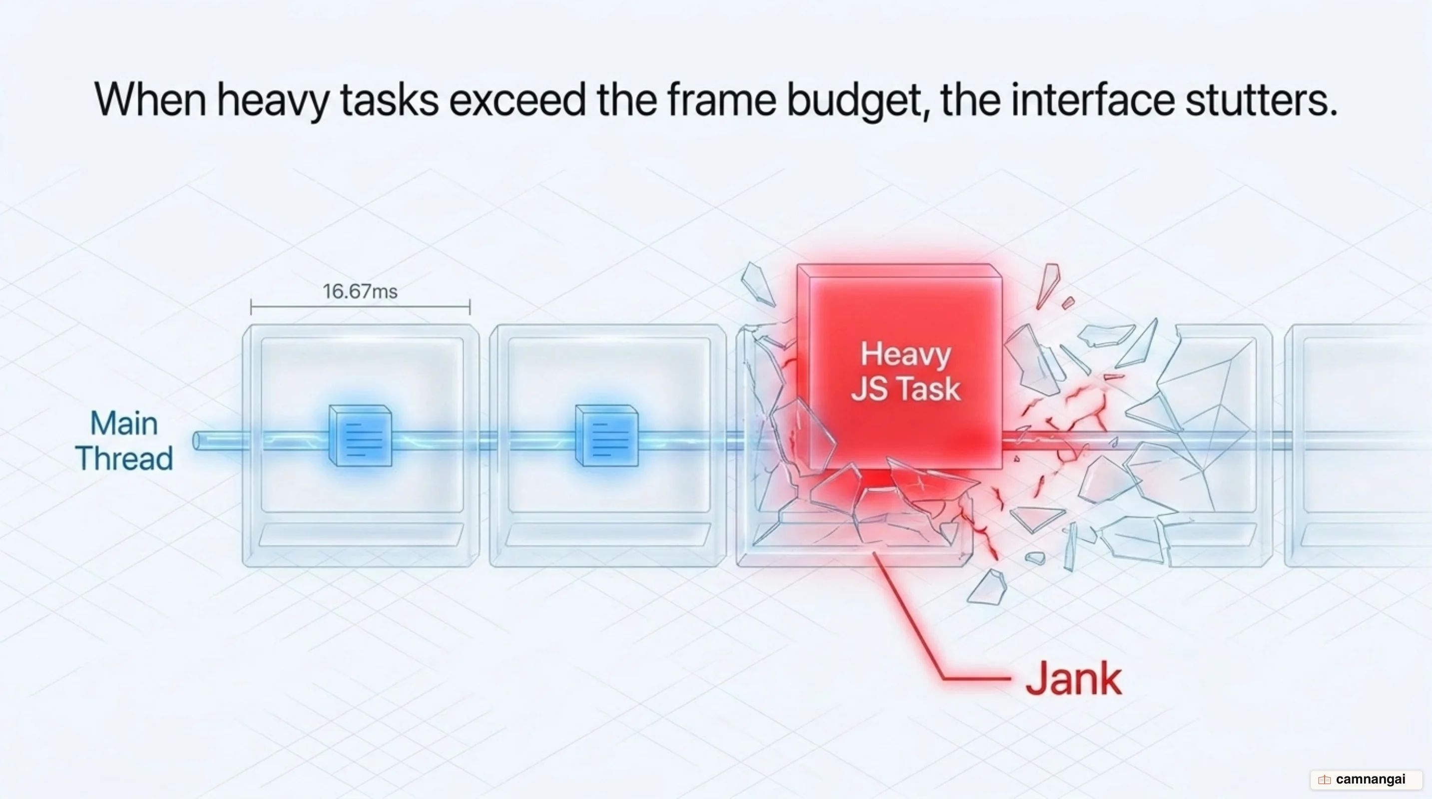 The single main thread and the 16.67ms budget per frame: one heavy task blocks the thread and the page janks