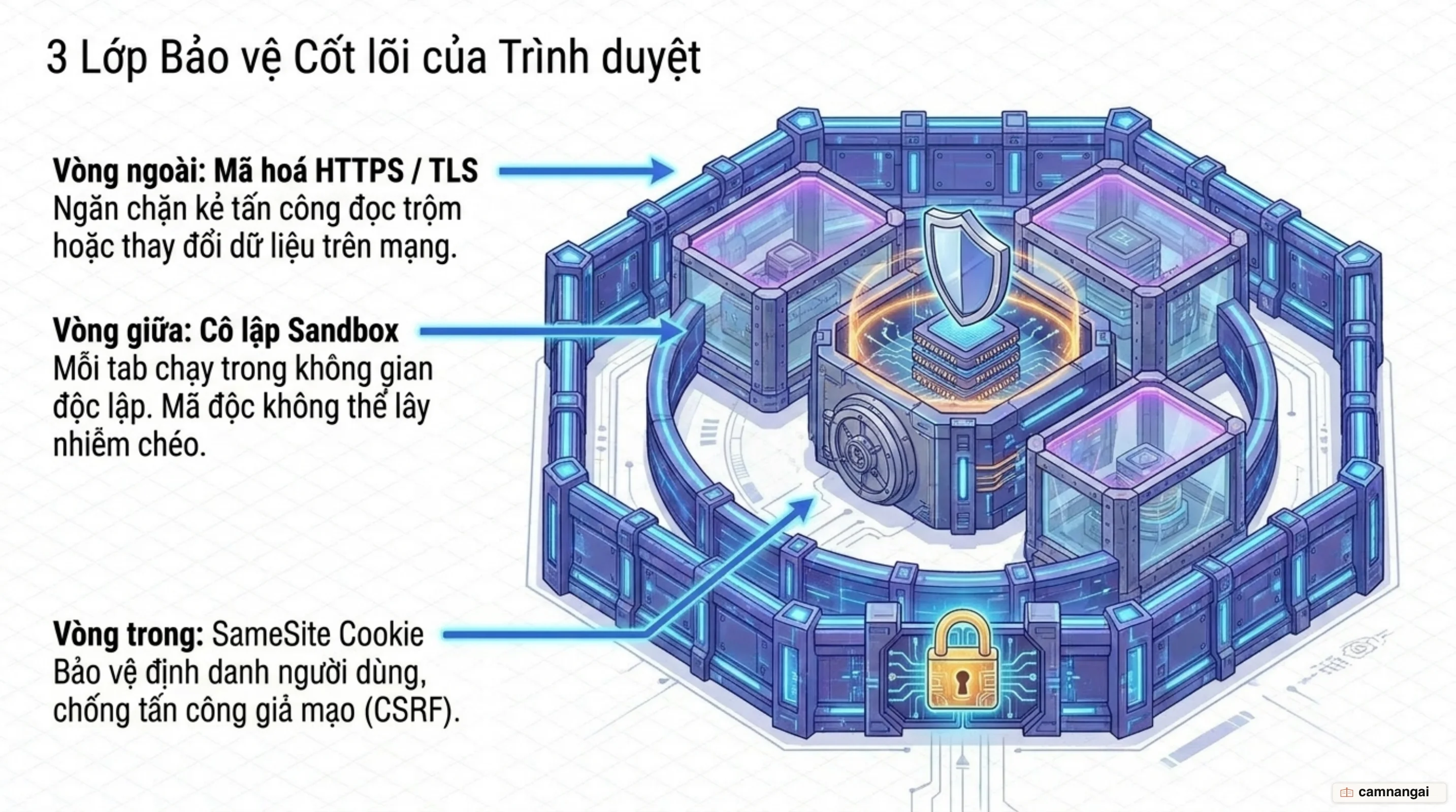 Các lớp bảo vệ của trình duyệt: mã hoá HTTPS/TLS, cô lập sandbox từng tab và thuộc tính SameSite cho cookie