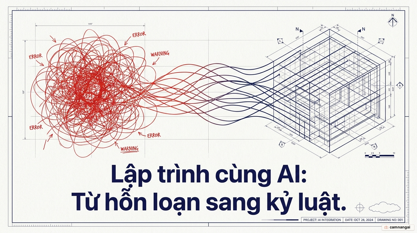 Một mớ rối ren màu đỏ tượng trưng cho vibe coding hỗn loạn chuyển hoá thành bản vẽ kiến trúc có cấu trúc — lập trình cùng AI đi từ hỗn loạn sang kỷ luật.