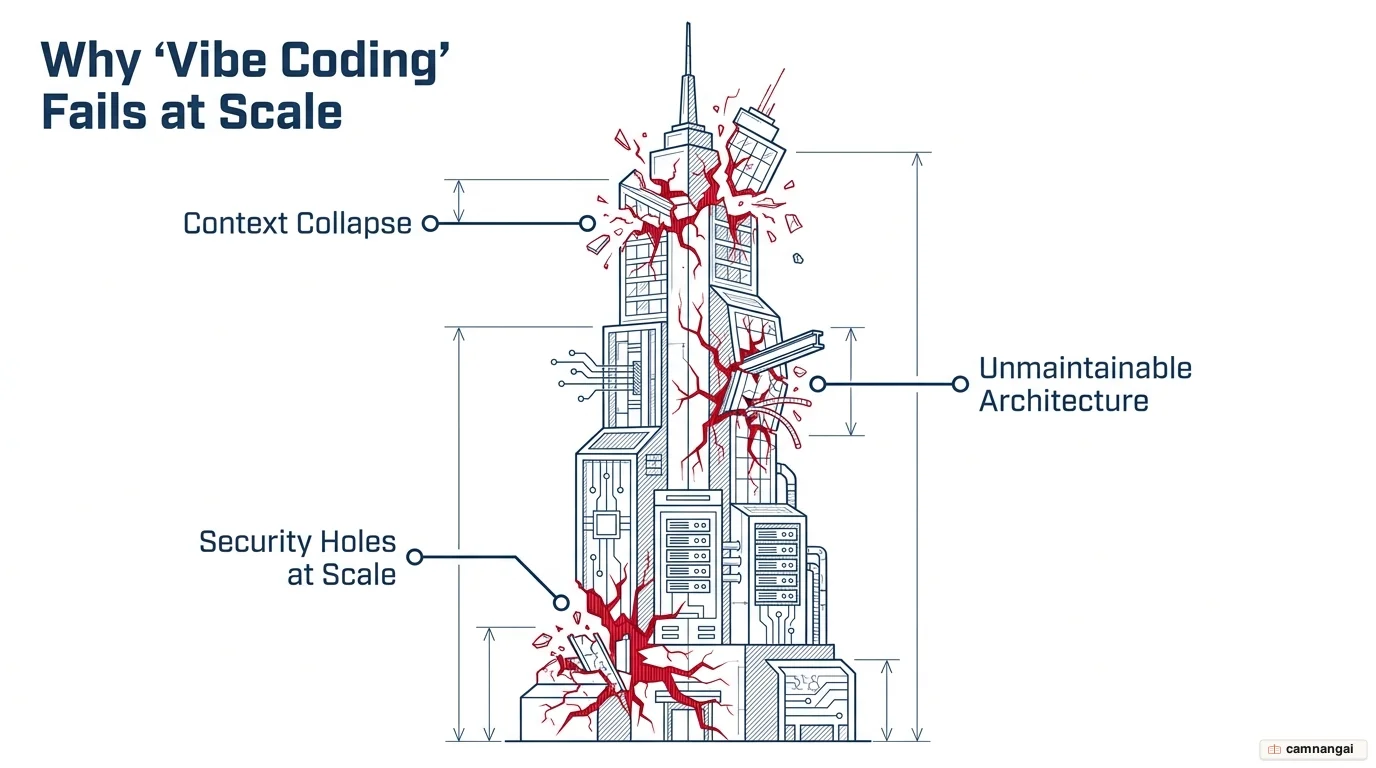 A collapsing tower illustrating the three failures that sink vibe coding at scale: security holes, unmaintainable architecture, and context collapse.