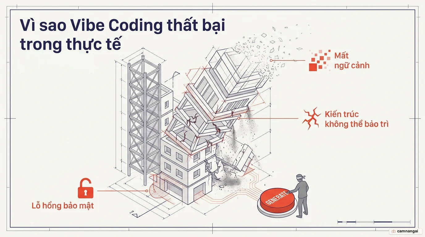 Một tòa tháp công trình đang sụp đổ minh hoạ ba lỗ hổng khiến vibe coding thất bại trong thực tế: lỗ hổng bảo mật, kiến trúc không thể bảo trì và sự mất ngữ cảnh.