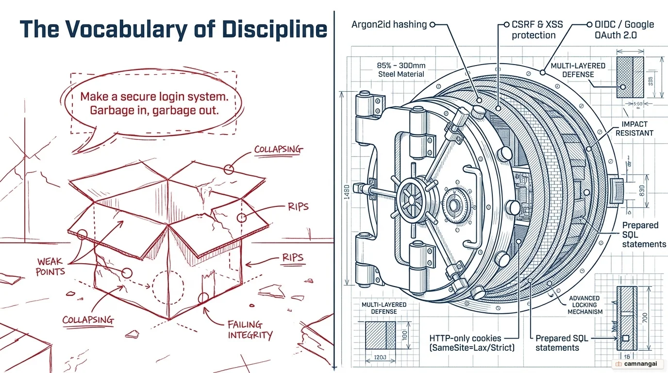Term coding compared: a vague amateur prompt returns a flimsy, insecure result while precise expert terms like Argon2id and OIDC return a secure, locked-down system.