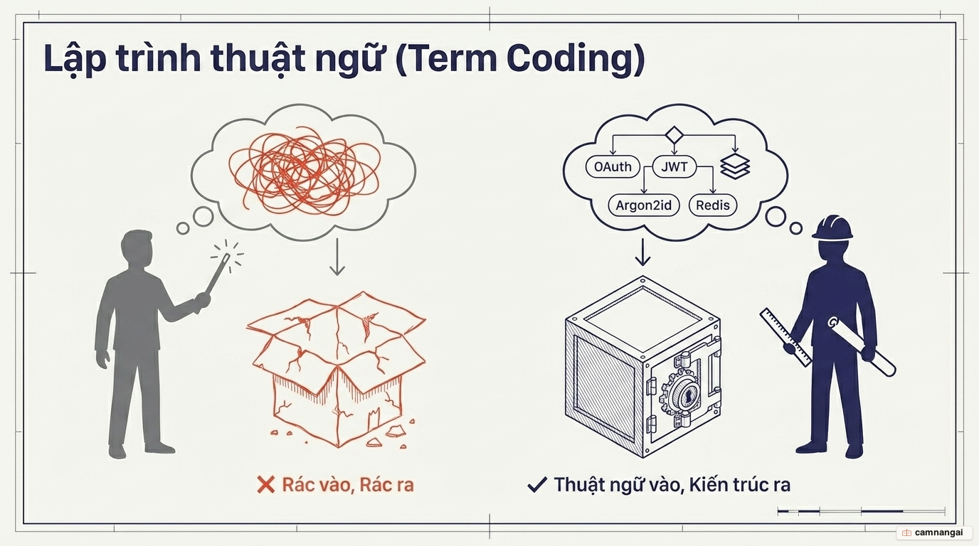 So sánh hai cách ra lệnh cho AI: người nghiệp dư đưa yêu cầu mơ hồ ("rác vào, rác ra") nhận về một chiếc hộp rỗng, còn chuyên gia dùng thuật ngữ chính xác như Argon2id, JWT, Redis để nhận về một két sắt an toàn.