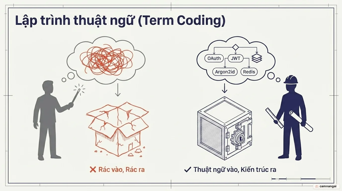 So sánh hai cách ra lệnh cho AI: người nghiệp dư đưa yêu cầu mơ hồ ("rác vào, rác ra") nhận về một chiếc hộp rỗng, còn chuyên gia dùng thuật ngữ chính xác như Argon2id, JWT, Redis để nhận về một két sắt an toàn.