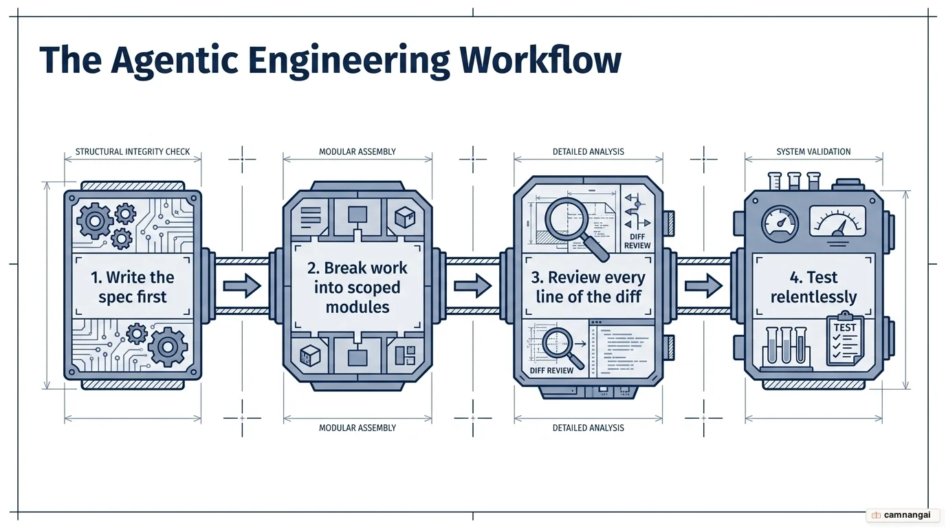 The four-step agentic engineering workflow: write the spec, scope the tasks, review every line of the diff, and test relentlessly.