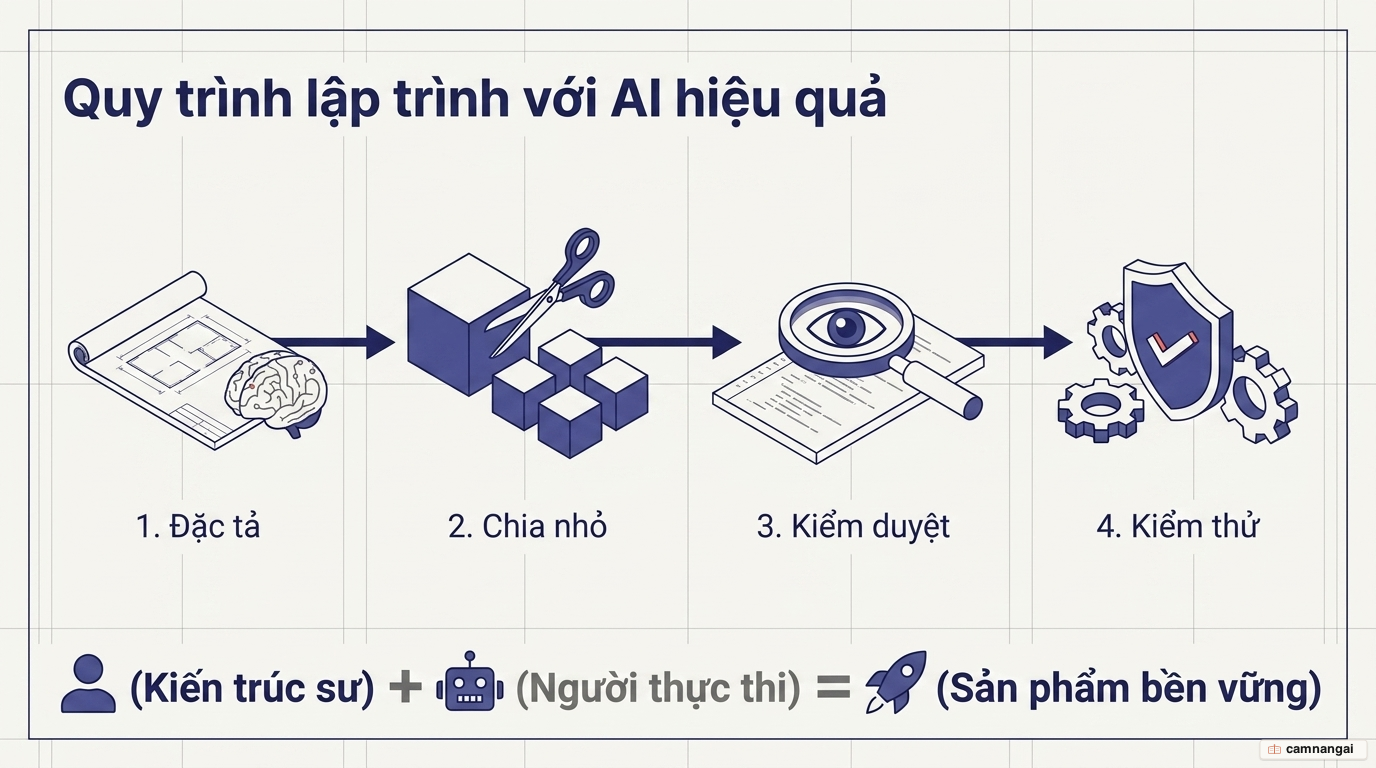 Quy trình bốn bước lập trình với AI hiệu quả: viết đặc tả, chia nhỏ tác vụ, kiểm duyệt từng dòng diff và kiểm thử — kiến trúc sư cộng người thực thi tạo ra sản phẩm bền vững.
