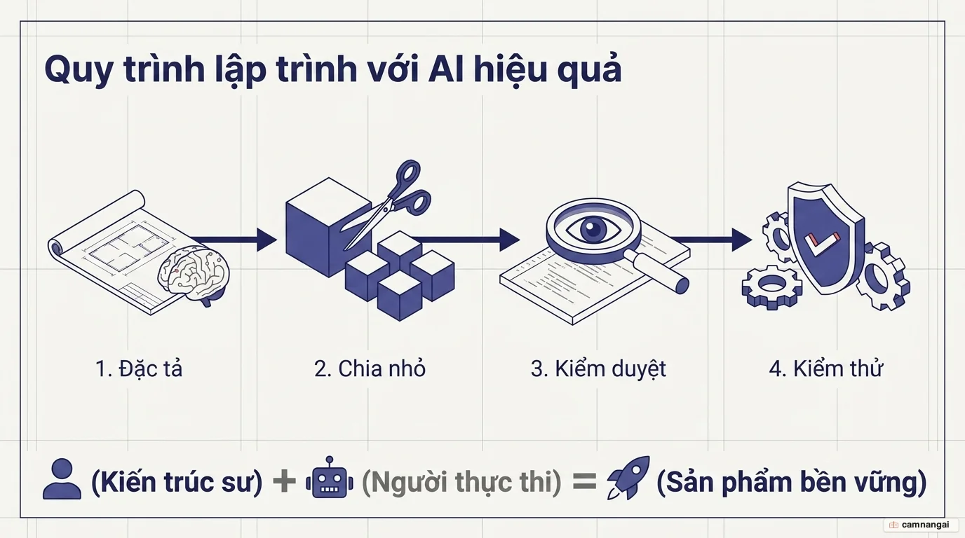 Quy trình bốn bước lập trình với AI hiệu quả: viết đặc tả, chia nhỏ tác vụ, kiểm duyệt từng dòng diff và kiểm thử — kiến trúc sư cộng người thực thi tạo ra sản phẩm bền vững.