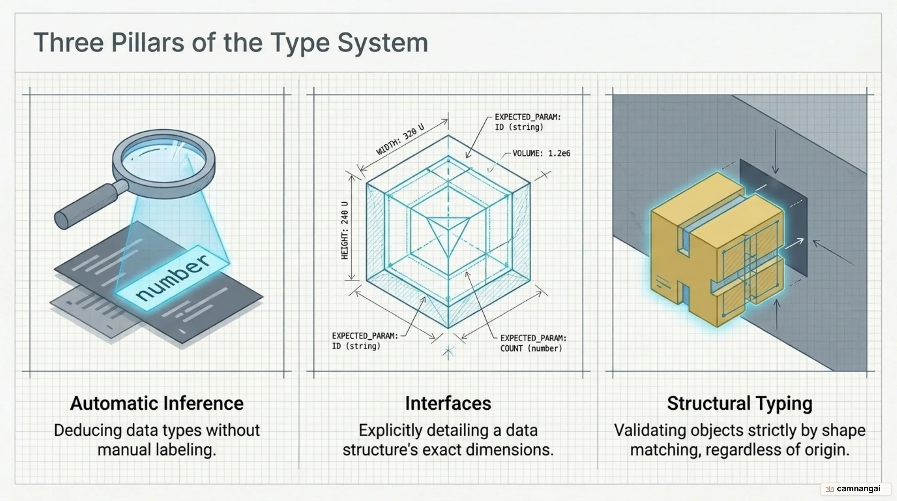 Three pillars of the TypeScript type system: inference, interfaces describing shape, and structural typing matching by shape