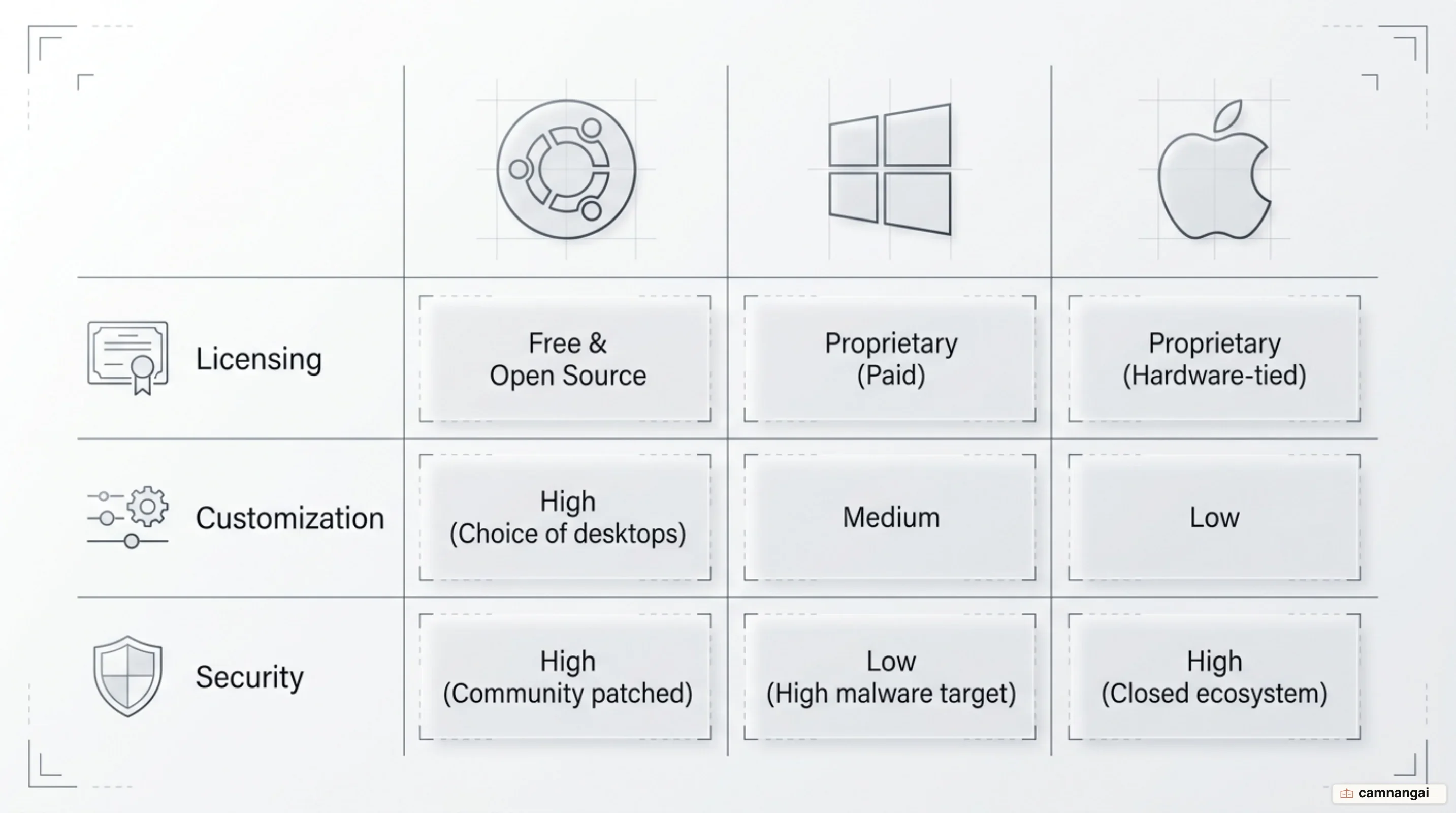 Ubuntu, Windows and macOS compared across three criteria: licensing, customization and security