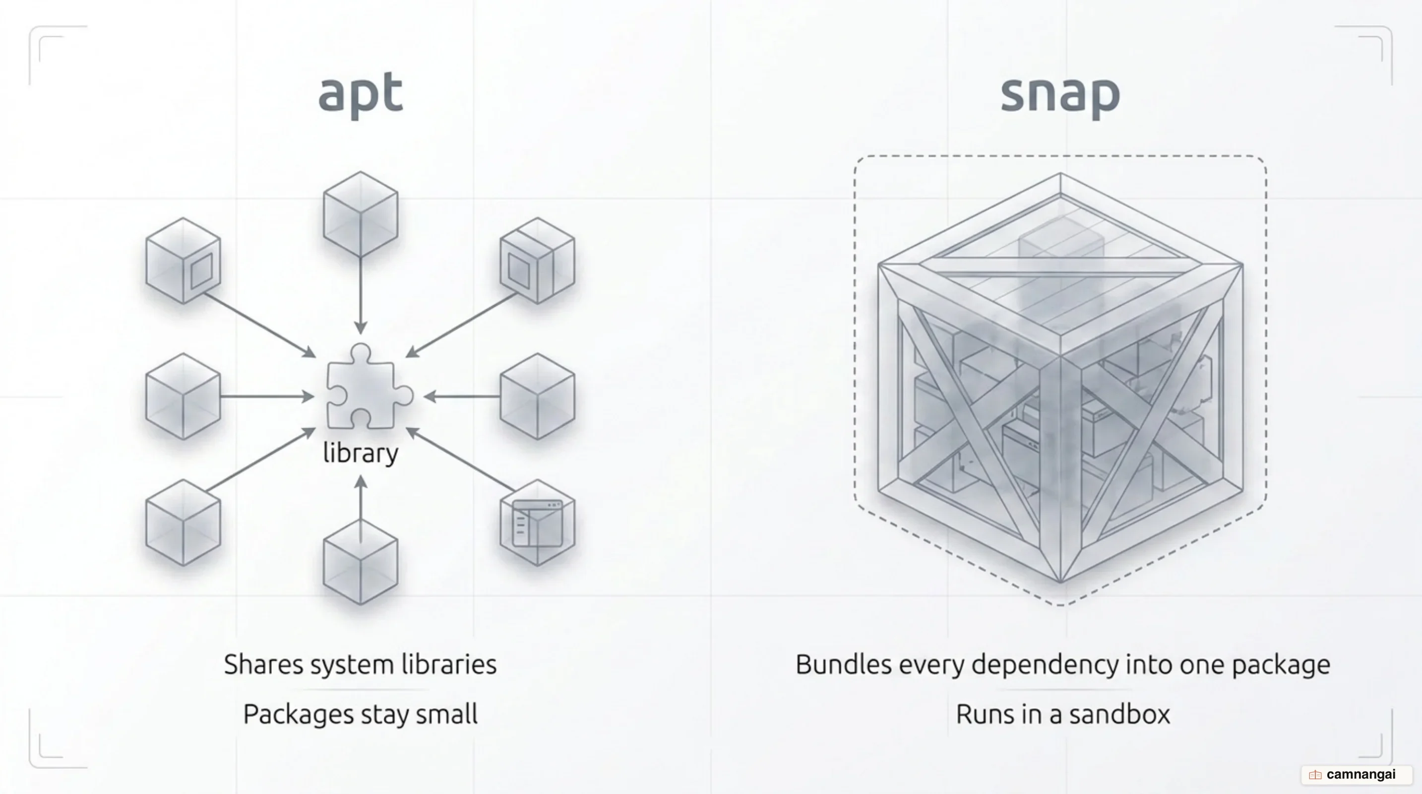 apt sharing system libraries compared with snap bundling every dependency into one sandboxed package