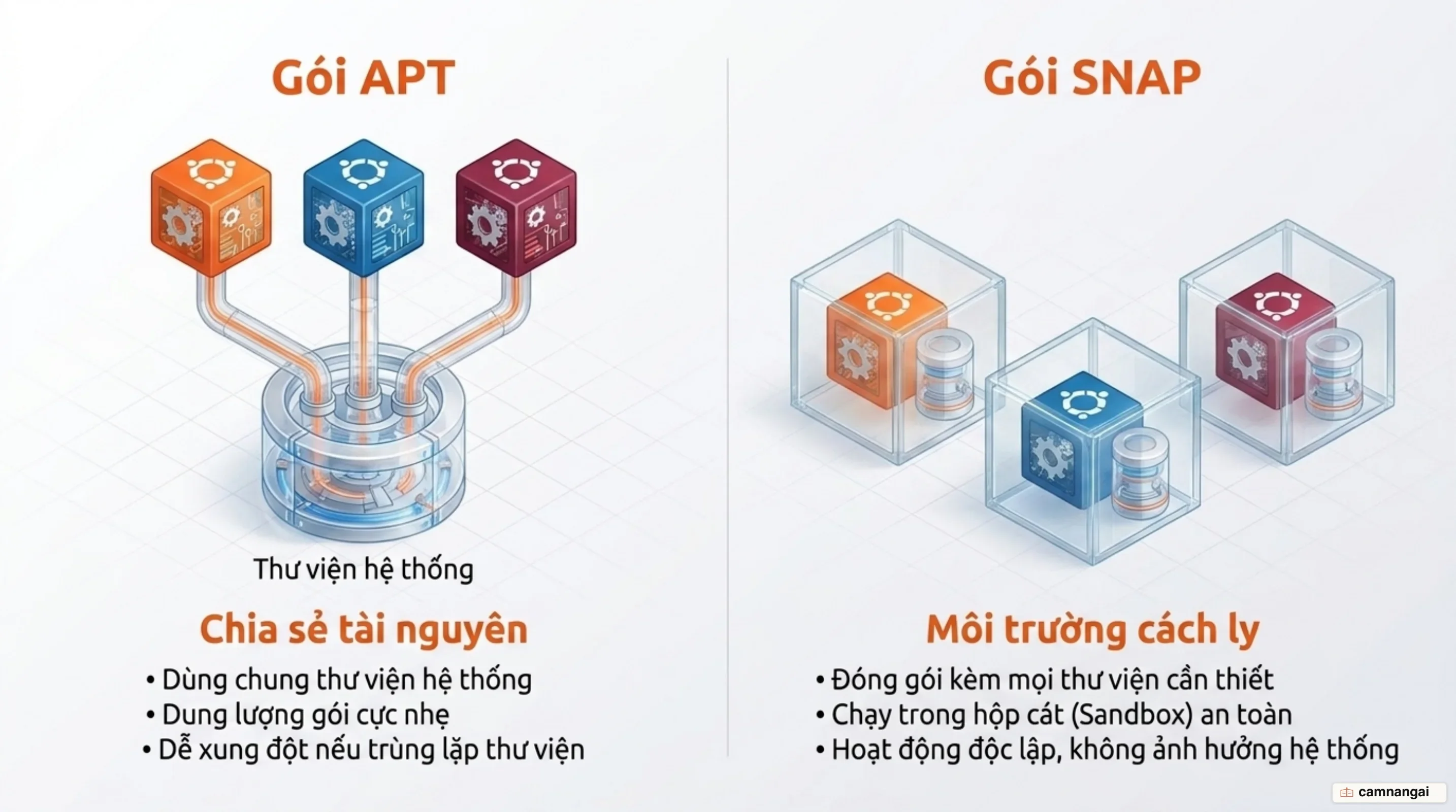 So sánh apt dùng chung thư viện hệ thống với snap đóng gói mọi thư viện vào một tệp chạy trong môi trường cách ly