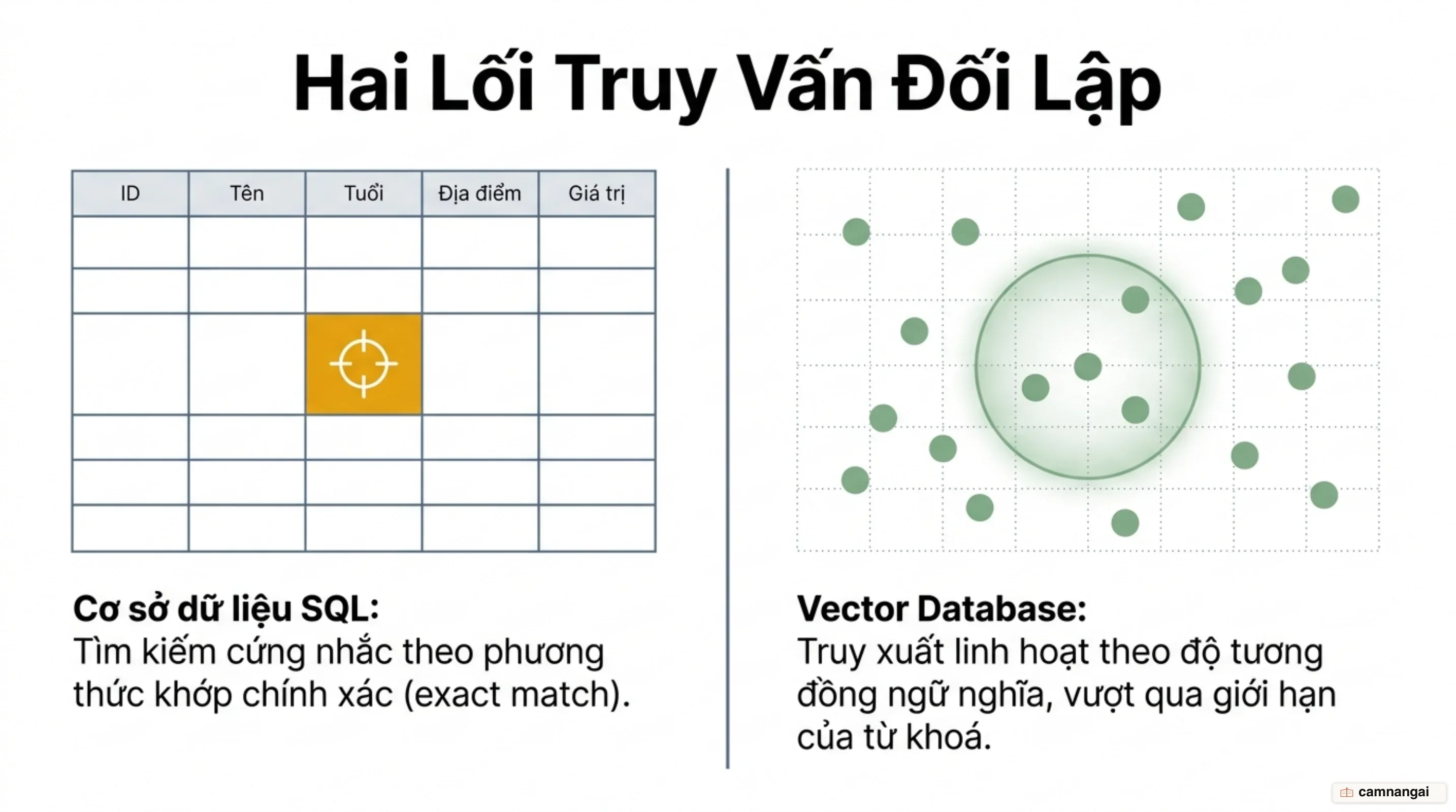 So sánh hai lối truy vấn: cơ sở dữ liệu SQL tìm theo khớp chính xác, còn vector database tìm theo độ tương đồng ngữ nghĩa