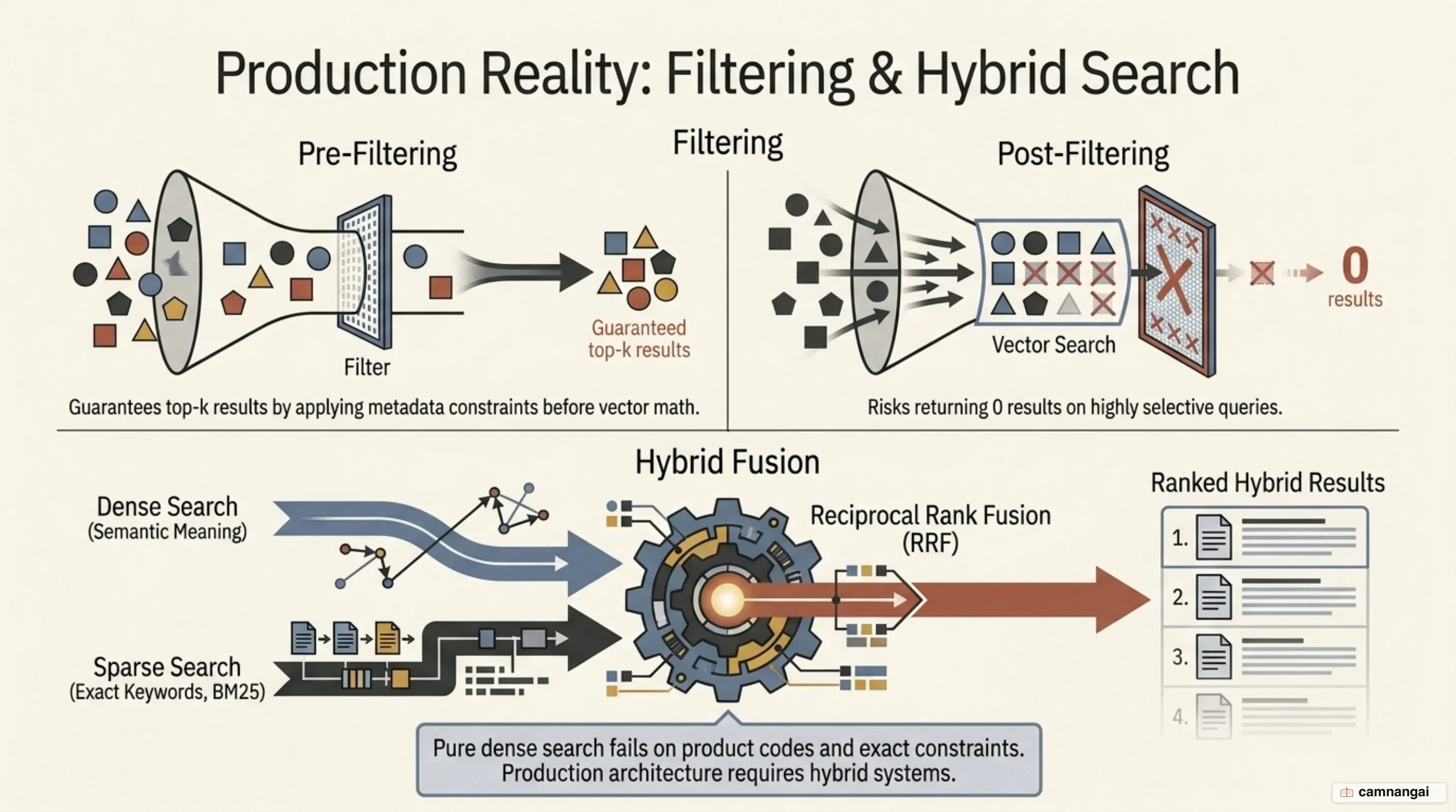 Pre-filtering set against post-filtering on metadata, and how hybrid search fuses semantic results with keyword results