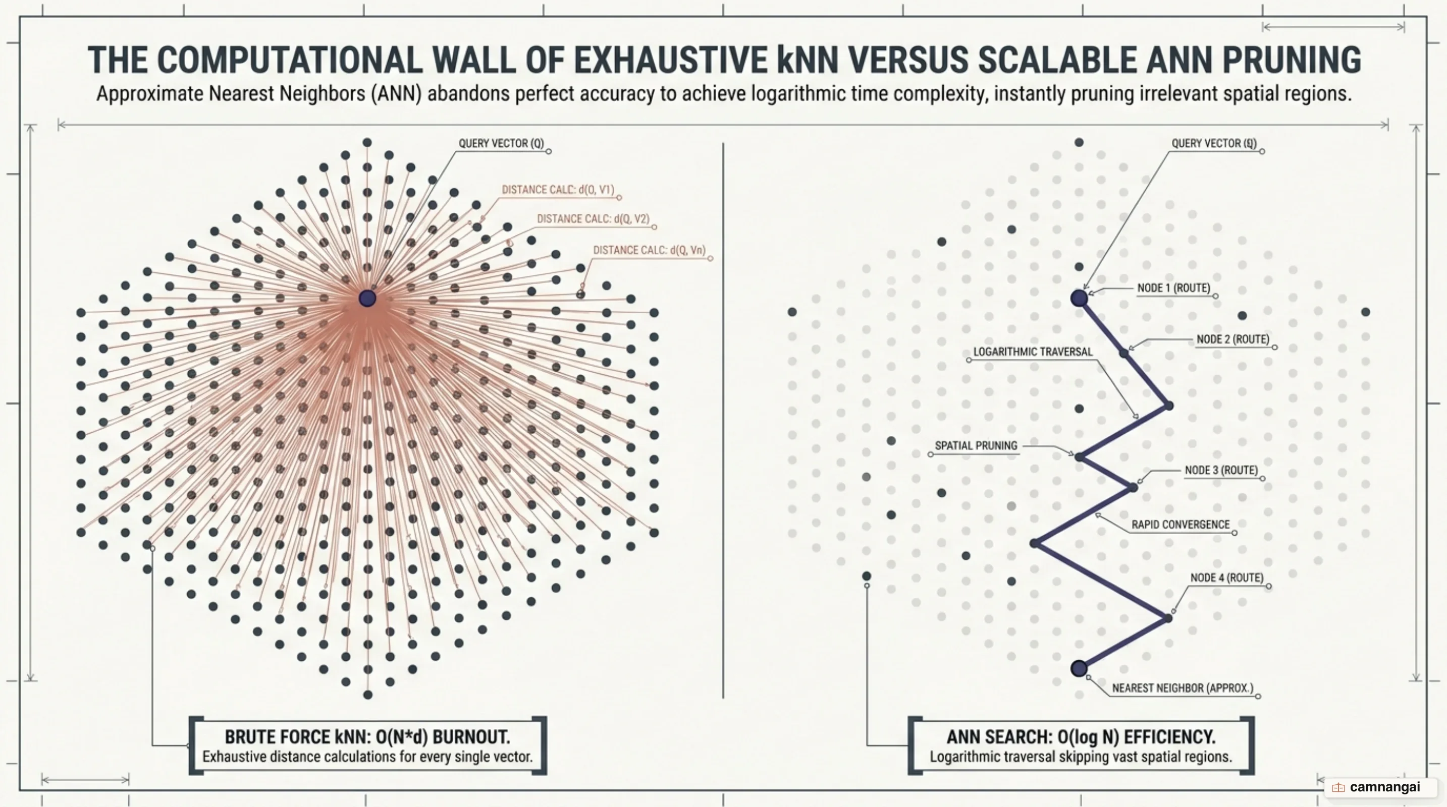 Computational complexity comparison between exhaustive kNN and approximate ANNS search