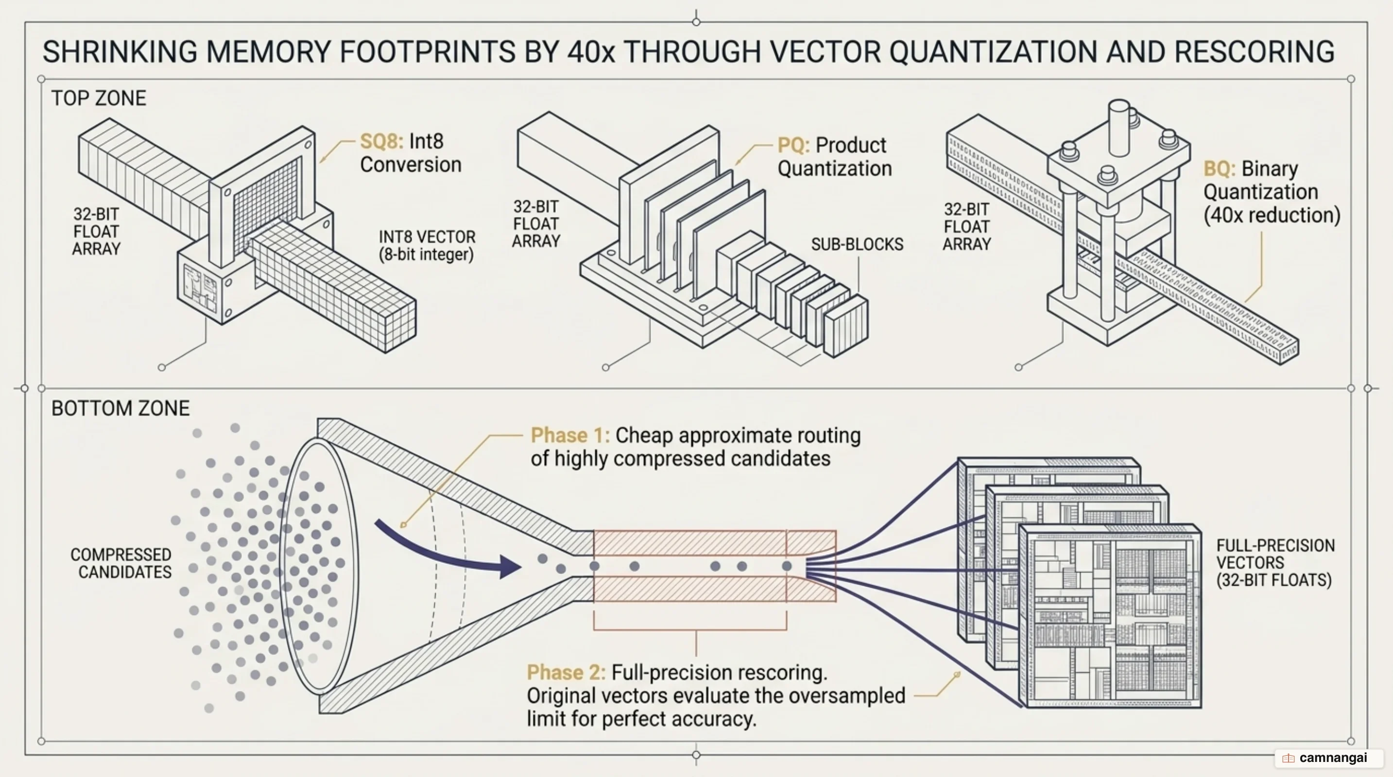 Vector quantization methods (SQ, PQ, BQ) and two-phase oversampling-rescoring pipeline