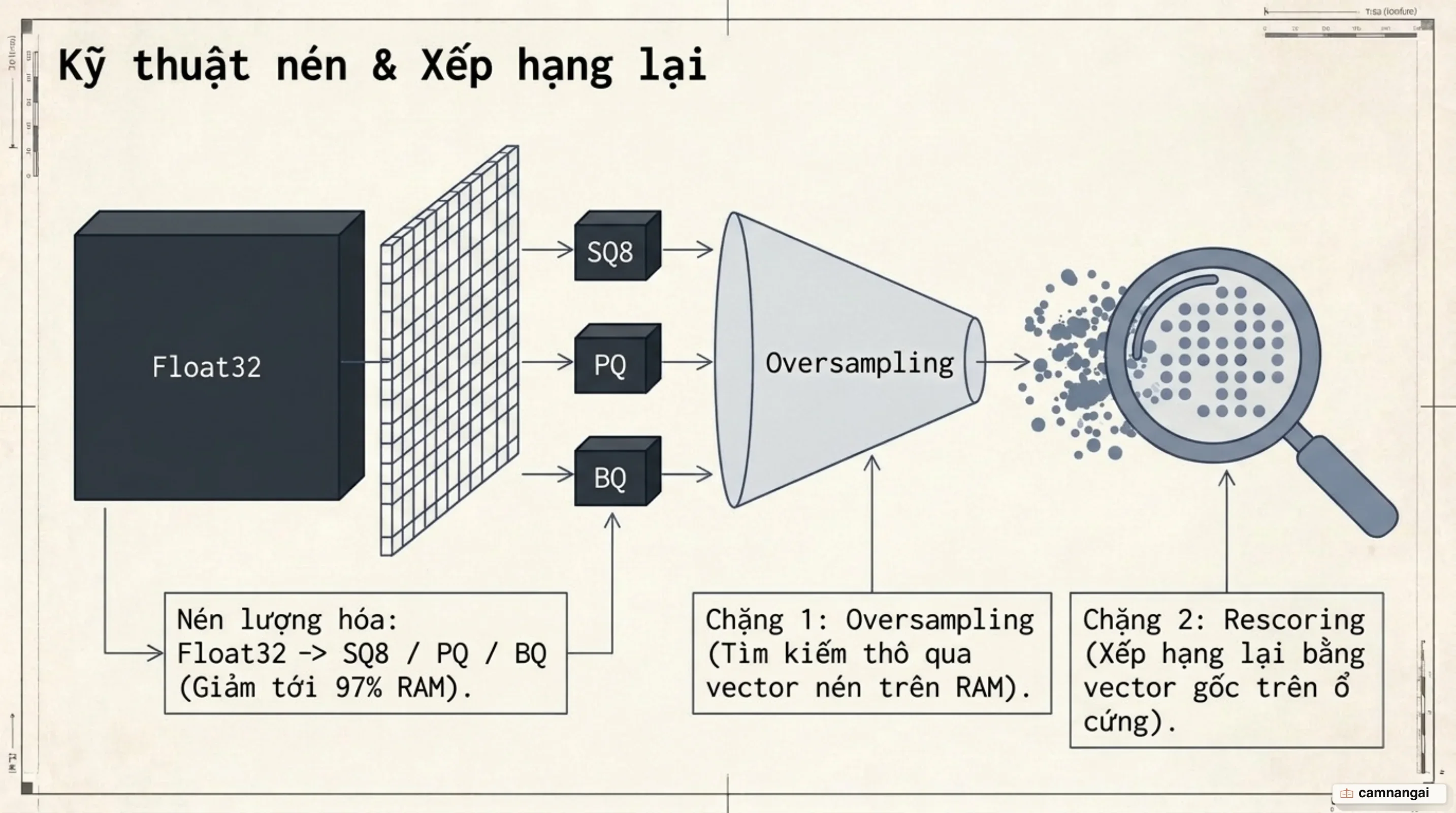 Các kỹ thuật lượng hóa SQ, PQ, BQ và quy trình Oversampling kết hợp Rescoring