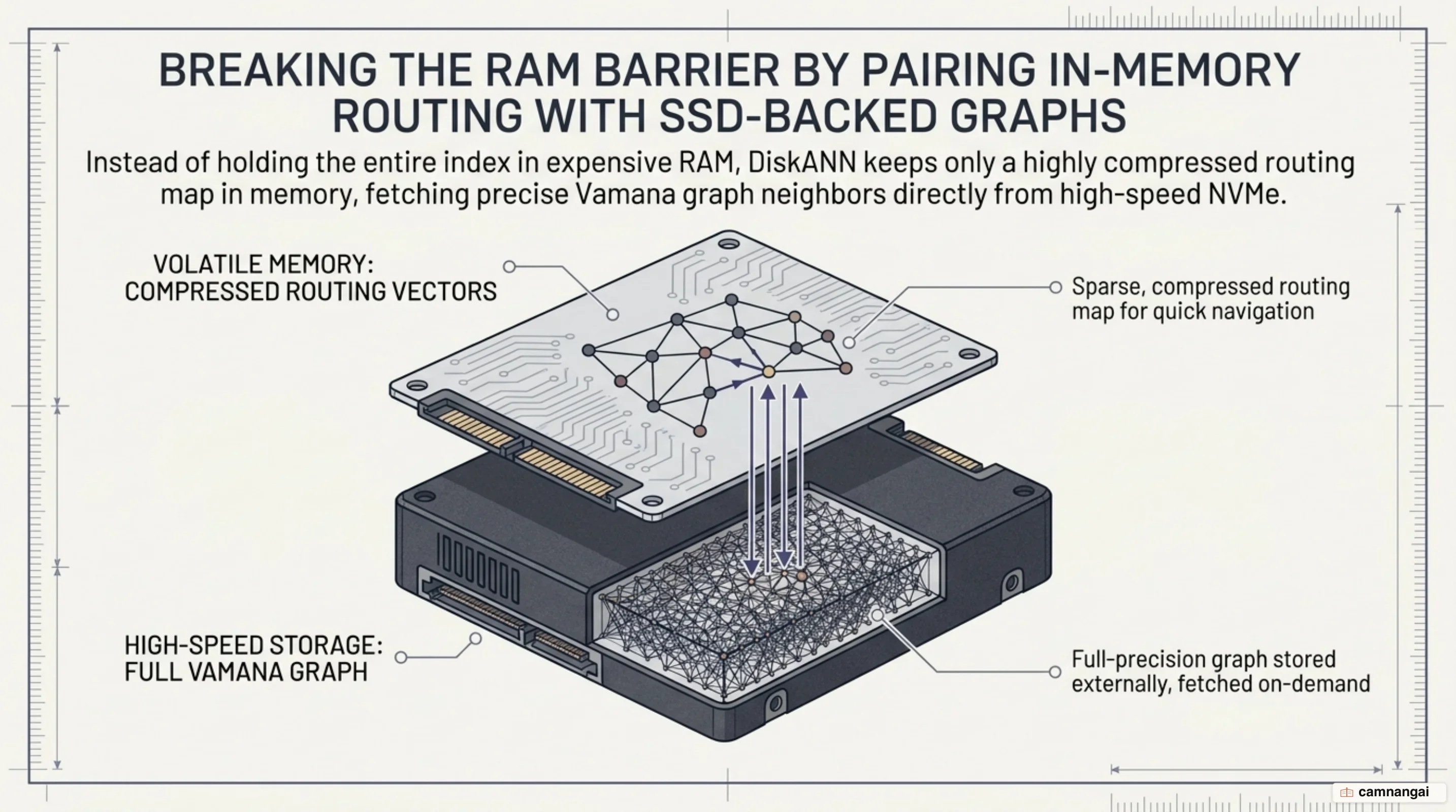 DiskANN tiered architecture balancing RAM routing and NVMe SSD graph storage