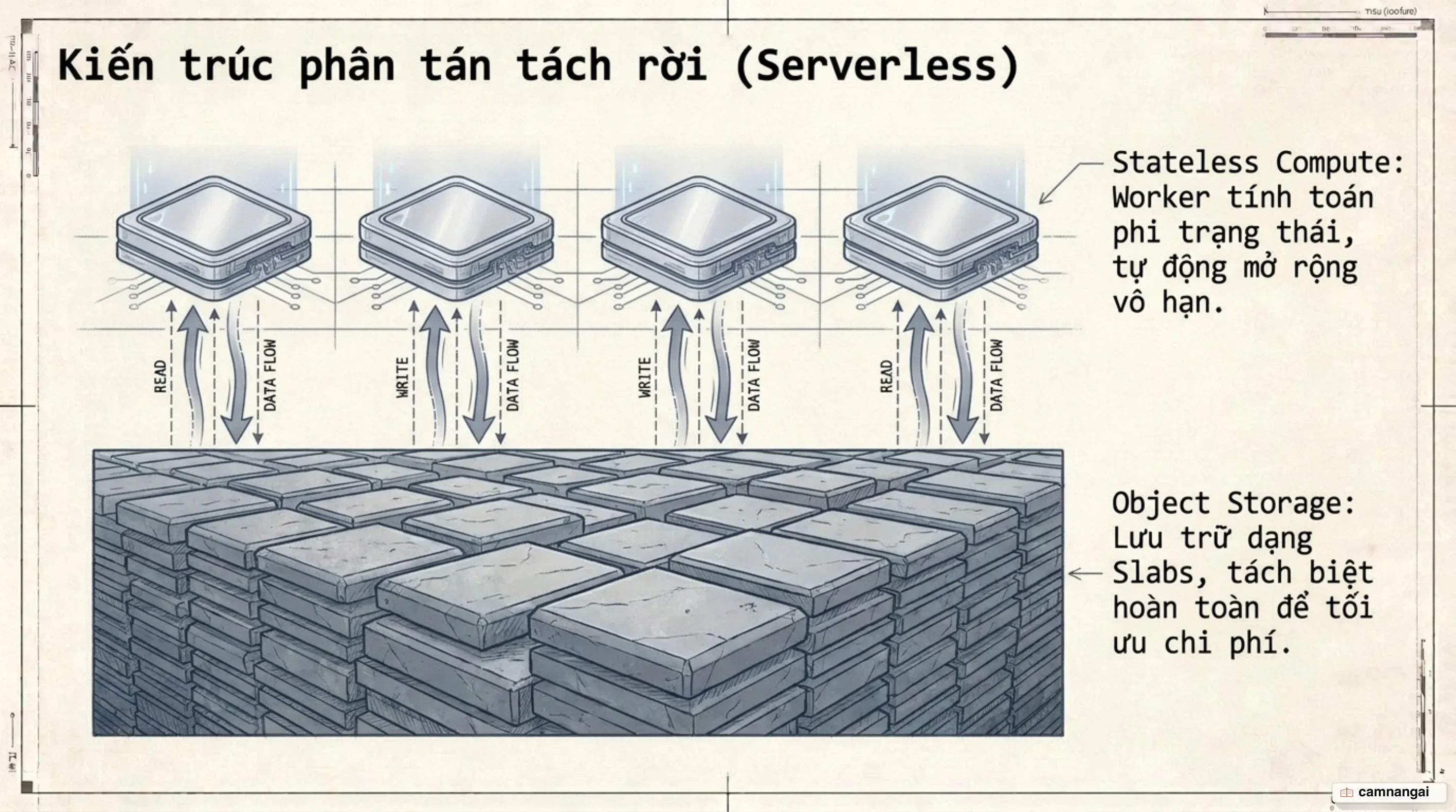 Kiến trúc phân tán tách rời tính toán Stateless Compute và lưu trữ Object Storage dạng Slab