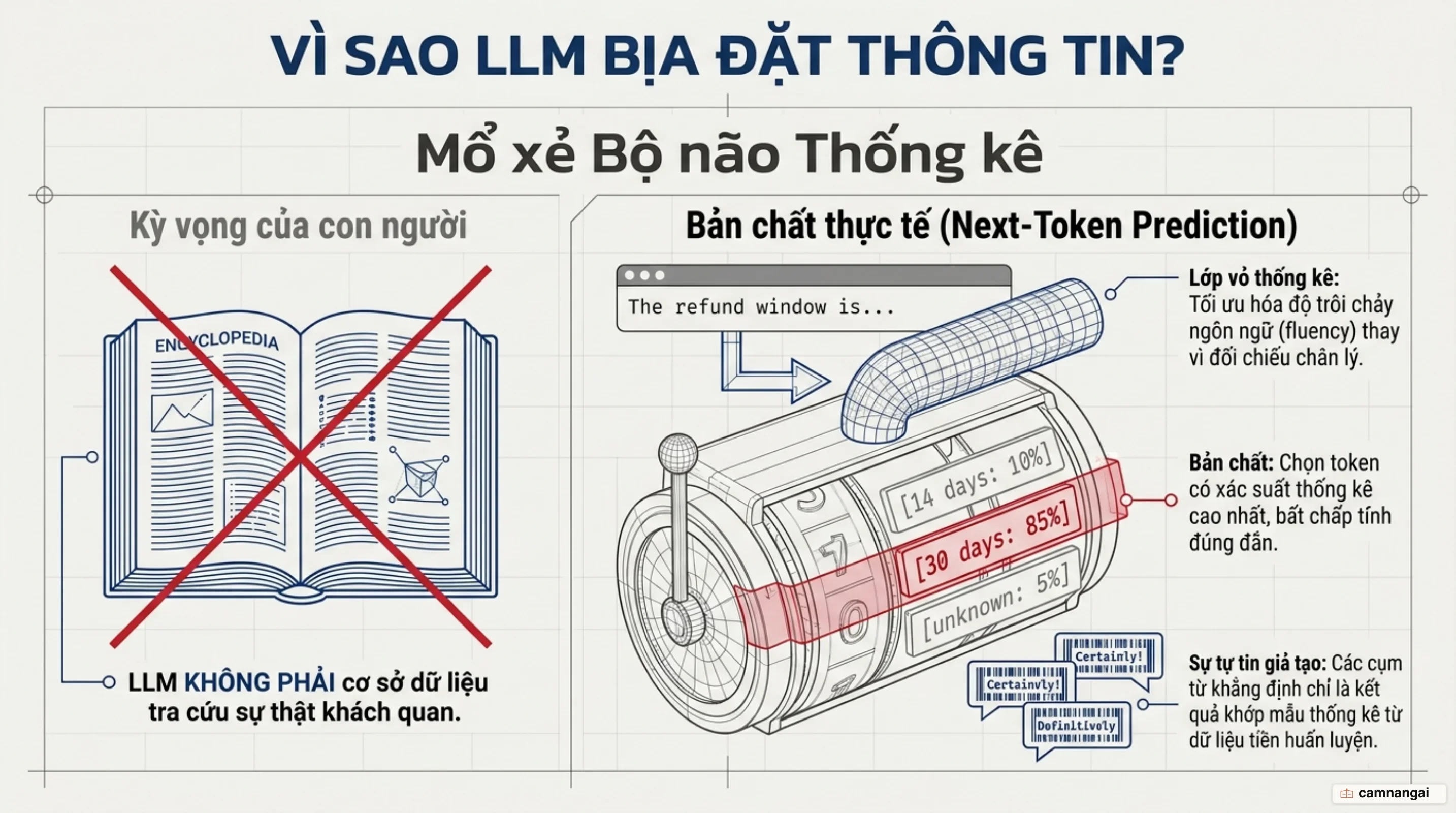 Ảo giác LLM: Cỗ máy dự đoán xác suất và sự tự tin giả tạo của AI