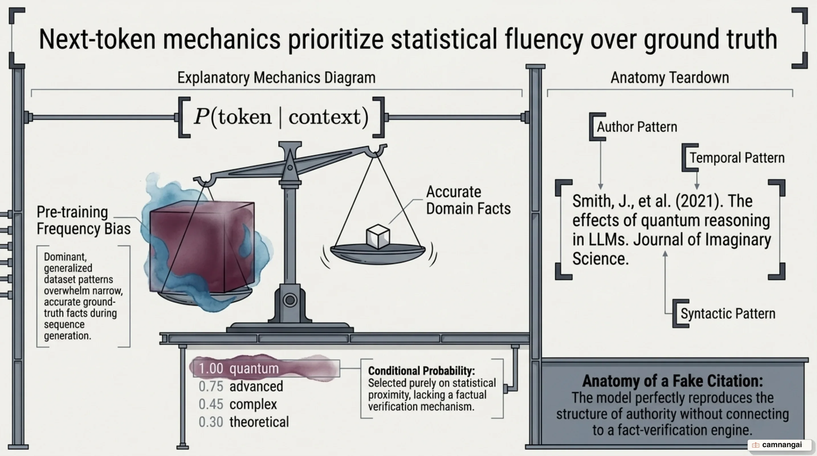 Next-Token Prediction Mechanics: Fluency and Probability vs Ground Truth