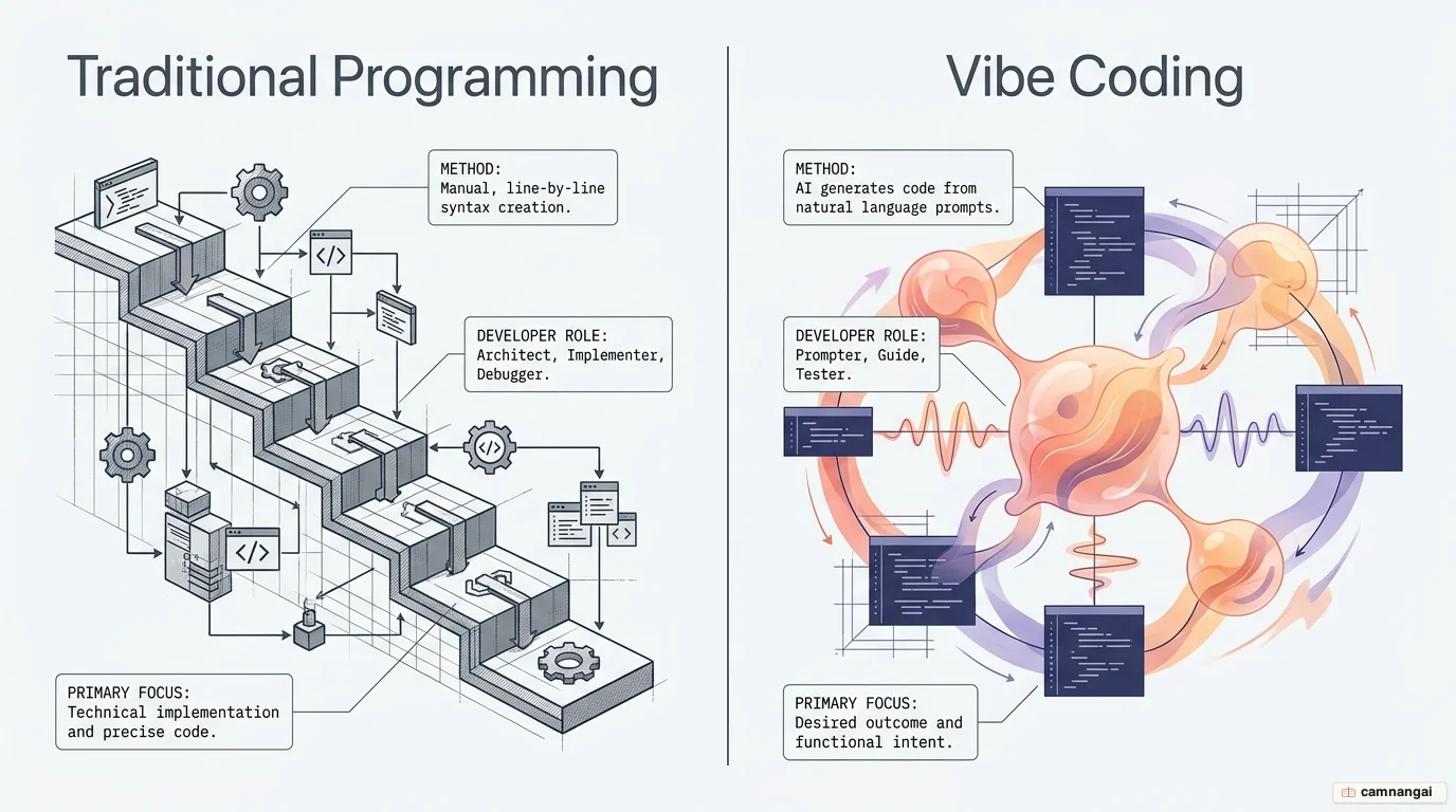Traditional line-by-line programming compared with vibe coding, where you describe the outcome and AI generates the code.