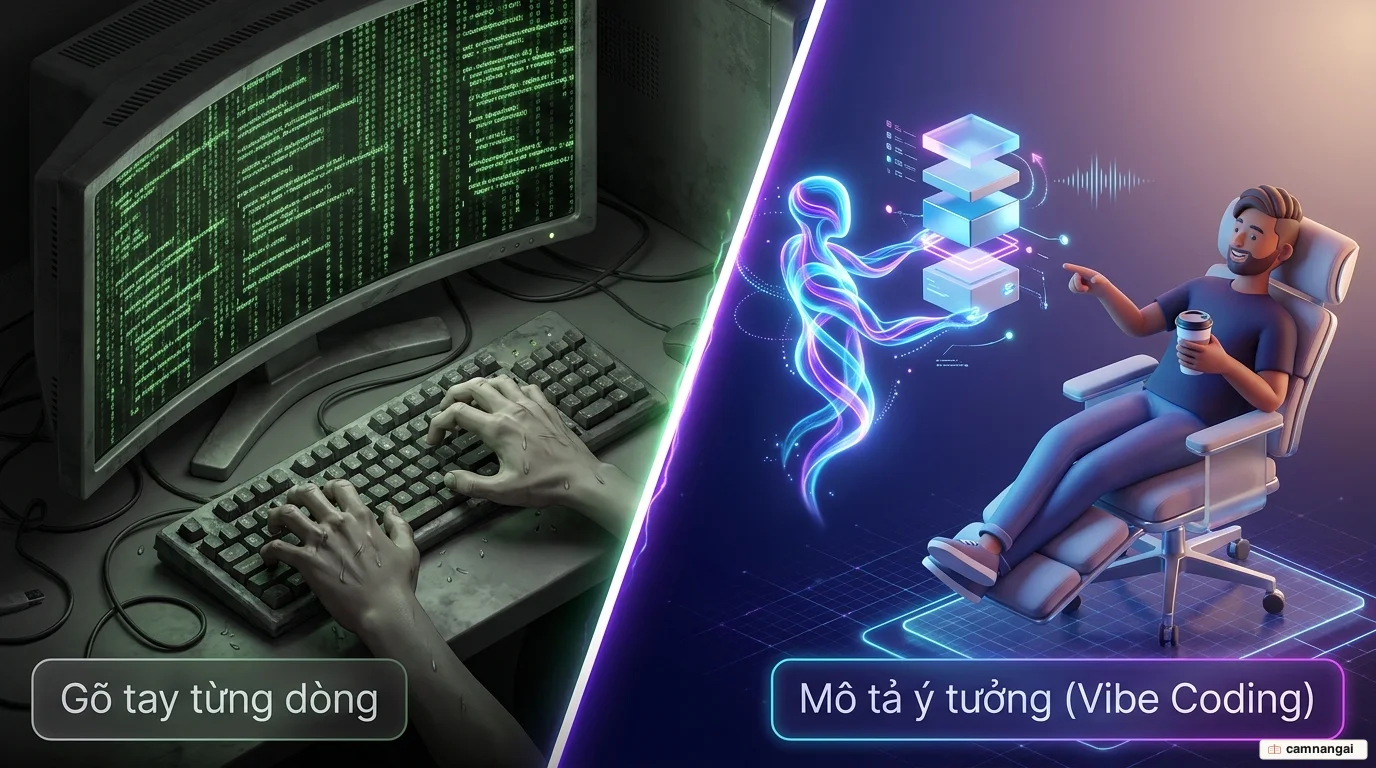 So sánh lập trình truyền thống gõ tay từng dòng với vibe coding mô tả ý tưởng để AI sinh mã.