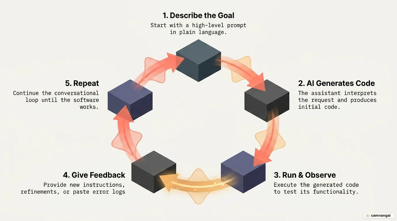 The five-step vibe coding loop: describe the goal, AI generates code, run and observe, give feedback, then repeat.