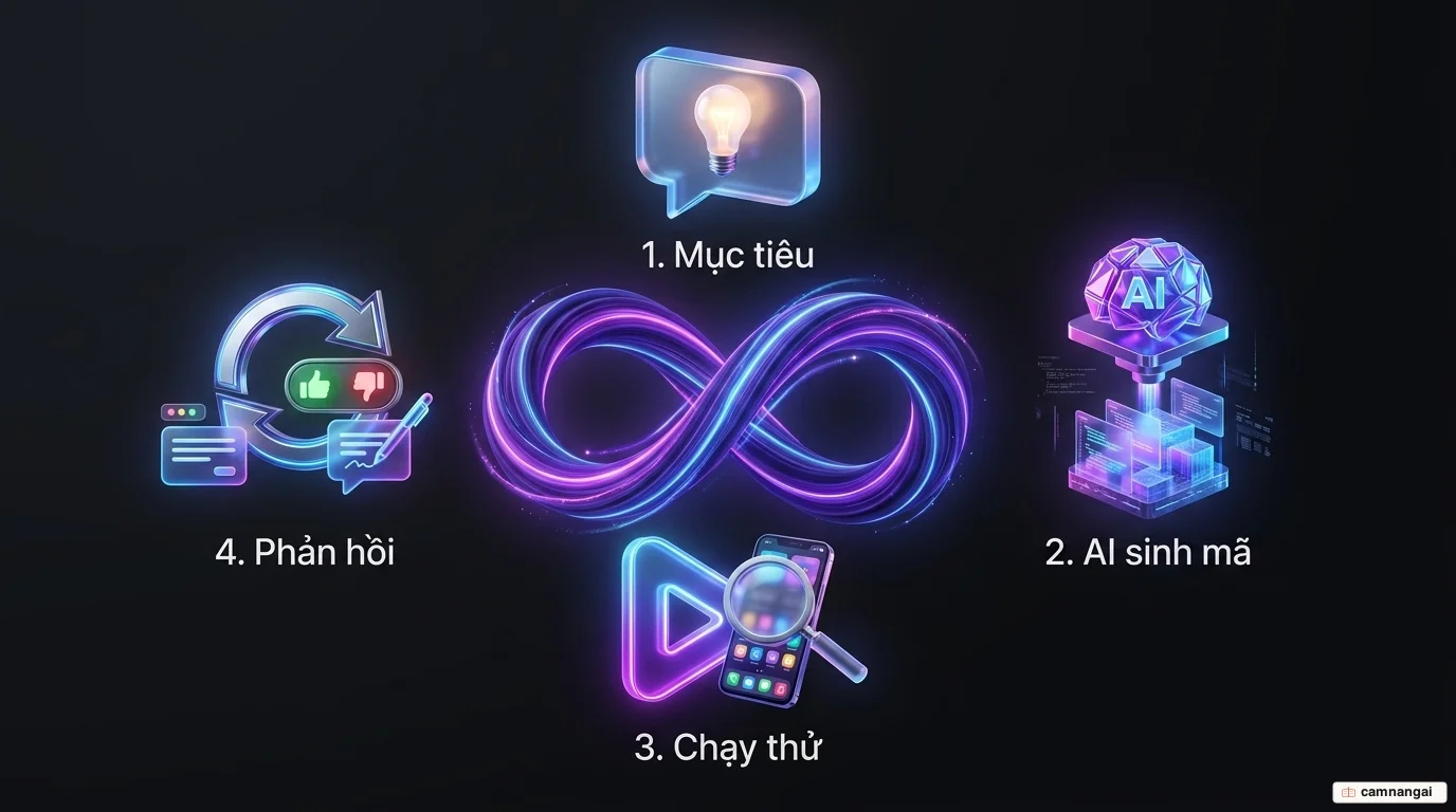 Vòng lặp vibe coding: mô tả mục tiêu, AI sinh mã, chạy thử, phản hồi rồi lặp lại.