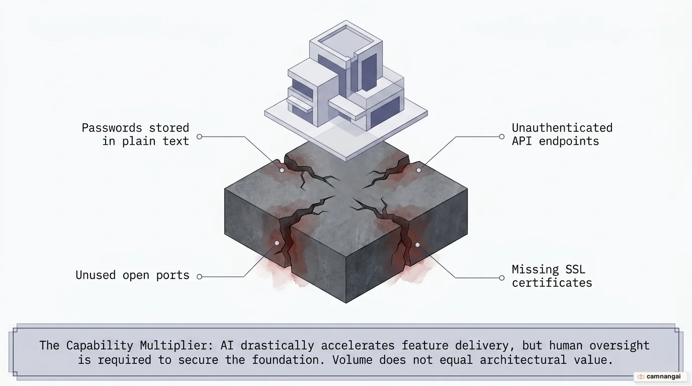 Security risks in AI-generated code: plain-text passwords, unauthenticated API endpoints, open ports, and missing SSL certificates.